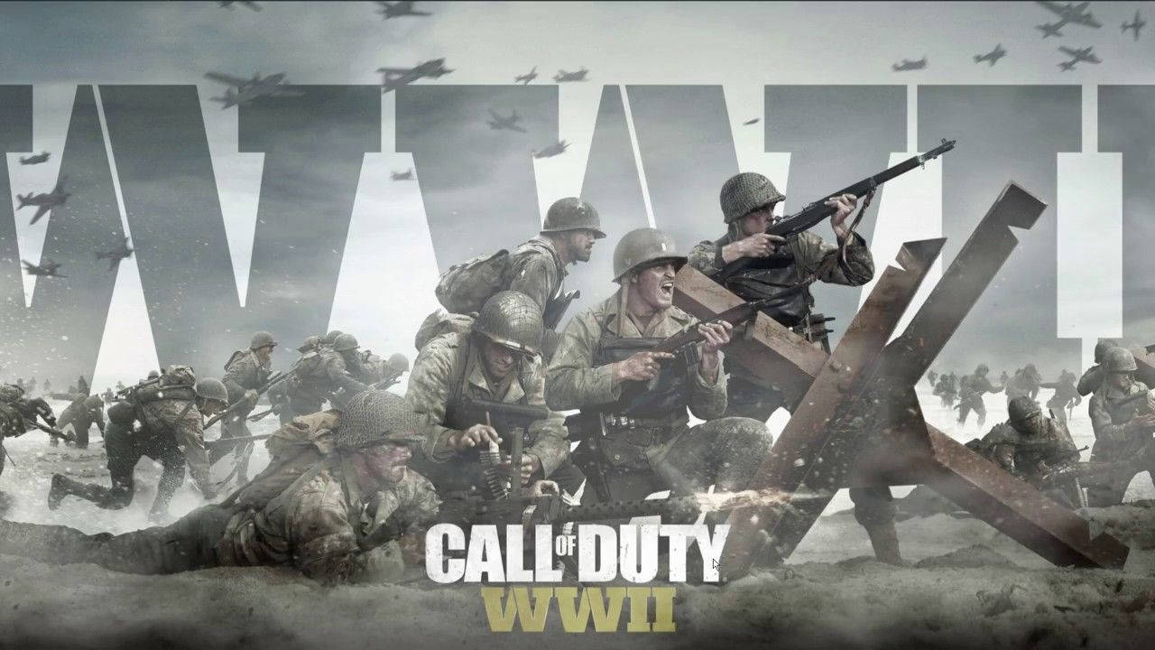Ww2 桌布 壁紙 — 二戰裝備的士兵在暴風雨的天空下衝過戰場，飛機在頭頂飛過。