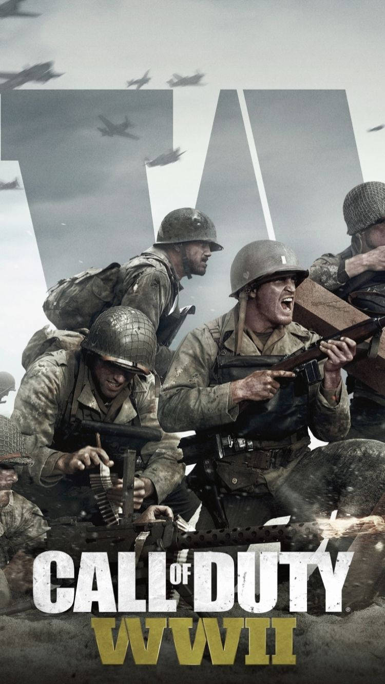Ww2 桌布 壁紙 — 二戰裝備的士兵在滿是戰鬥機和巨大「W」標誌的天空下衝鋒向前。