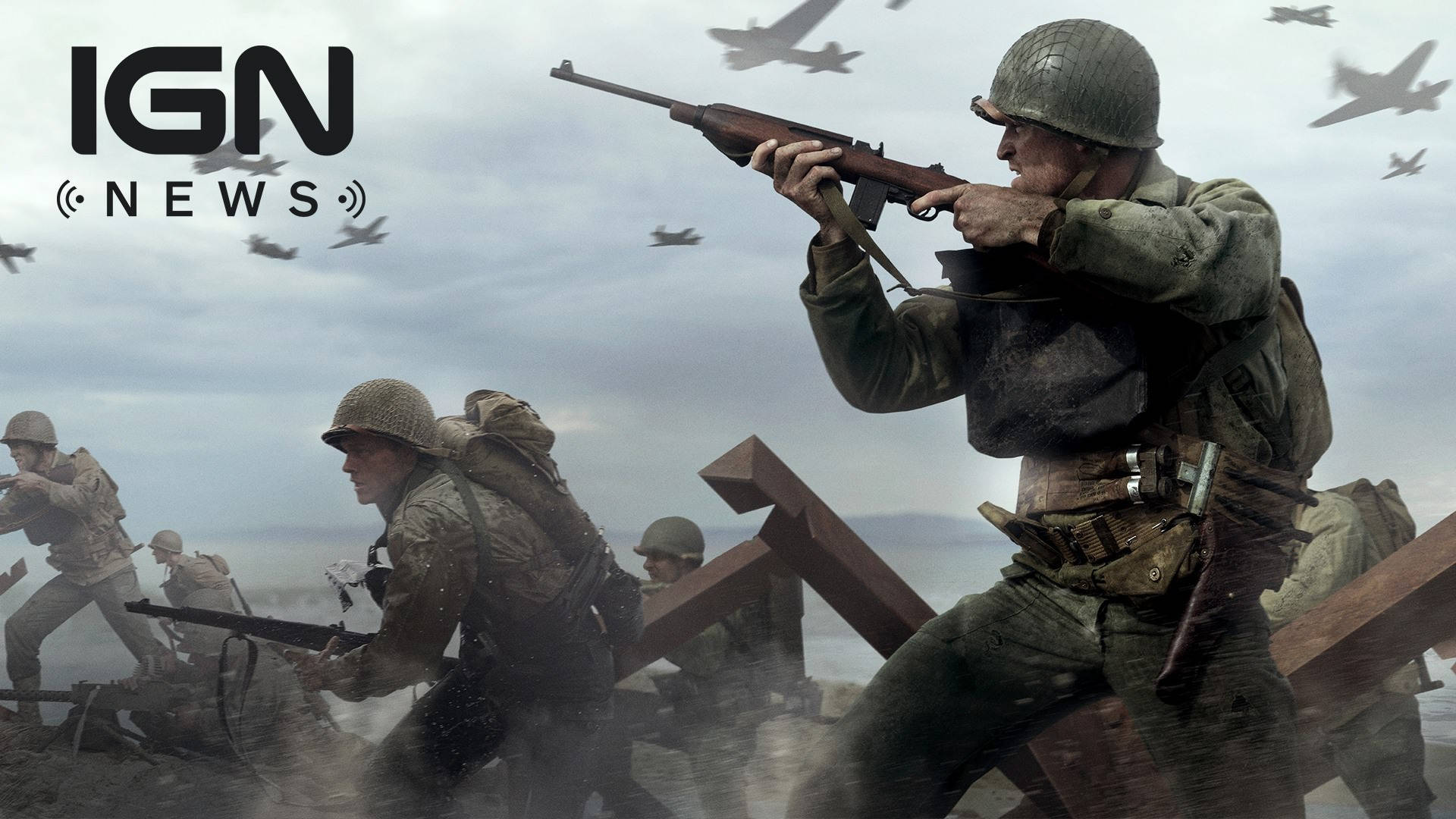 Ww2 桌布 壁紙 — 二戰裝備的士兵在煙霧和碎片中前進，戰鬥機在頭頂飛過，呈現出 gritty 的戰場場景。