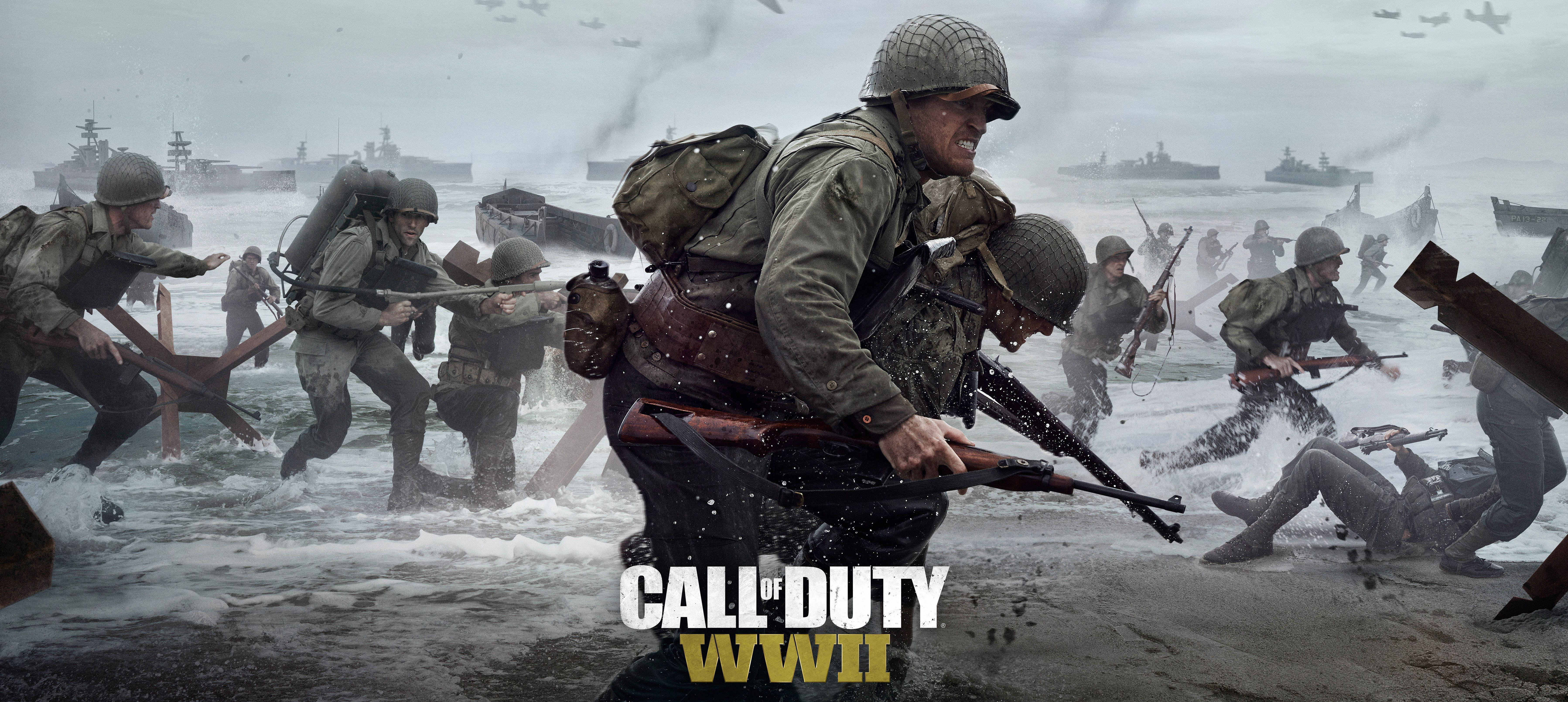 Ww2 桌布 壁紙 — 二戰裝備的士兵在陰天之下衝過破碎的波浪，遠方有戰艦。