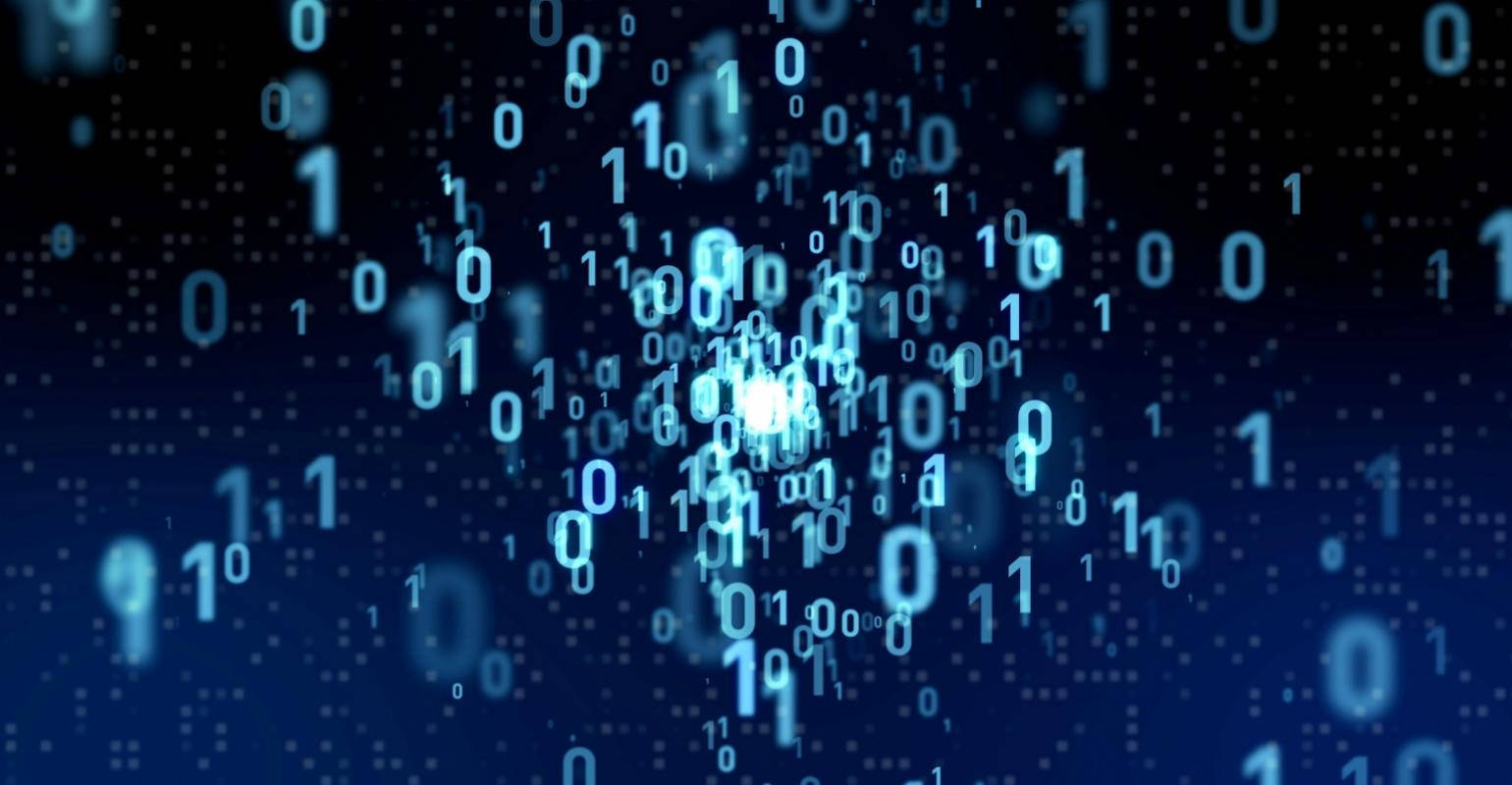 Internet 桌布 壁紙 — 二進制代碼數字在深藍色數位虛空中漂浮和漂移，帶有發光的高光。