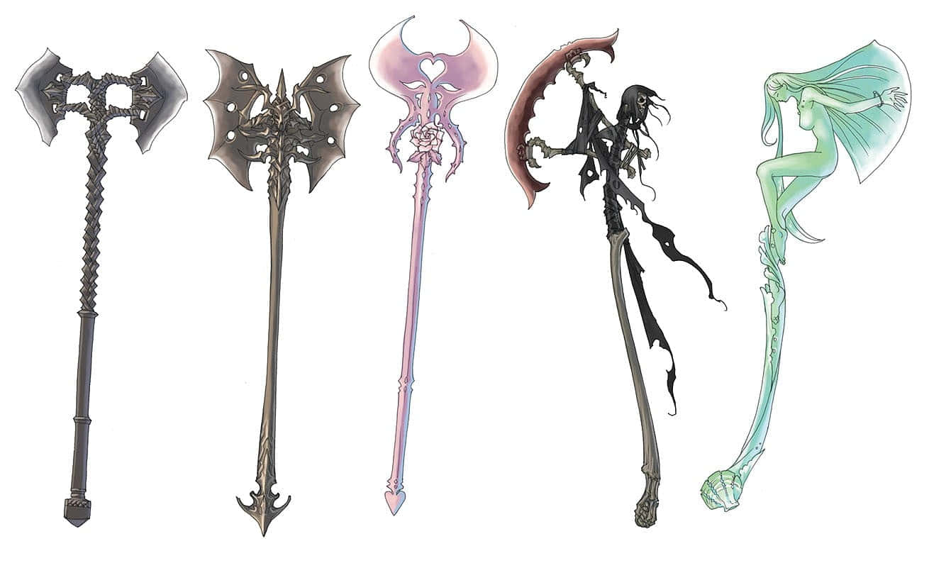 Ancient Weapons 桌布 壁紙 — 五件設計精巧的奇幻武器和法杖，帶有惡魔、天使和人魚圖案，背景為純白色。