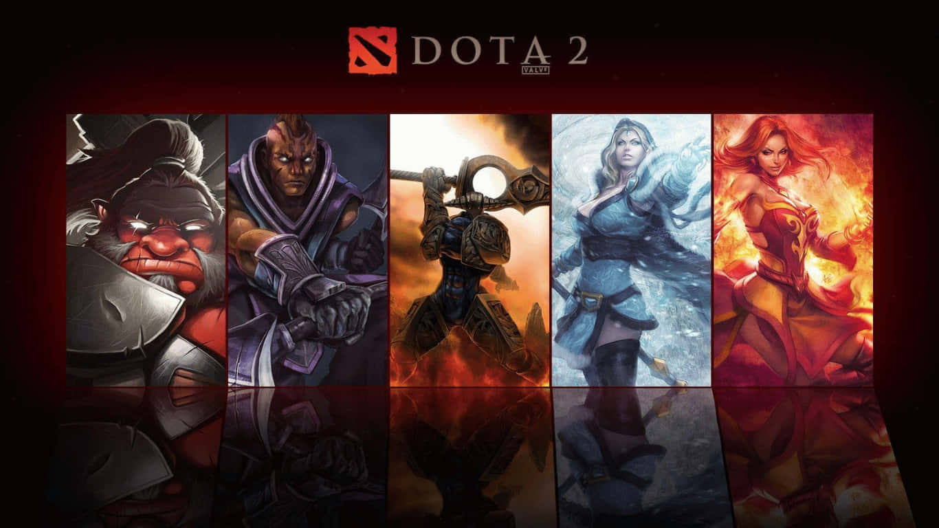 1366x768 Dota 2 桌布 壁紙 — 五位 Dota 2 英雄排成一排，背景為深紅色，每位都散發出帶有火焰和冰霜效果的元素力量。