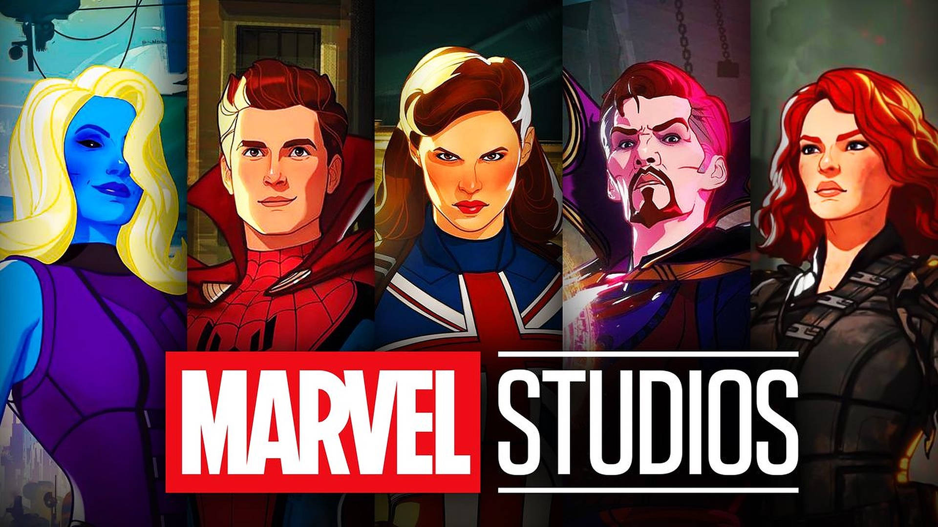漫威假如 桌布 壁紙 — 五位Marvel超級英雄以鮮豔的漫畫風格並排站立，下方有Marvel Studios標誌。