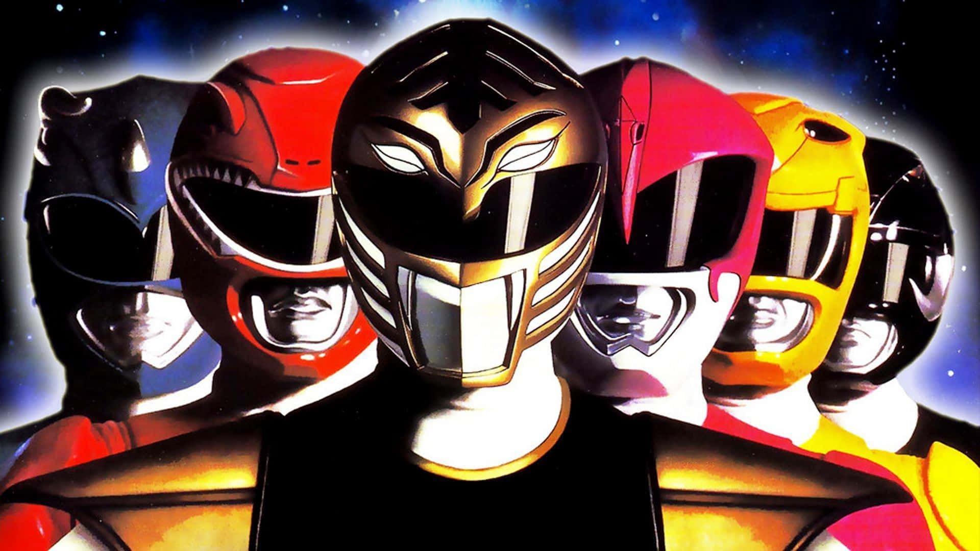 金剛戰士 桌布 壁紙 — 五位Power Rangers戴著標誌性頭盔，在星光燦爛的宇宙背景下英勇站立，眼睛發光，色彩鮮豔。