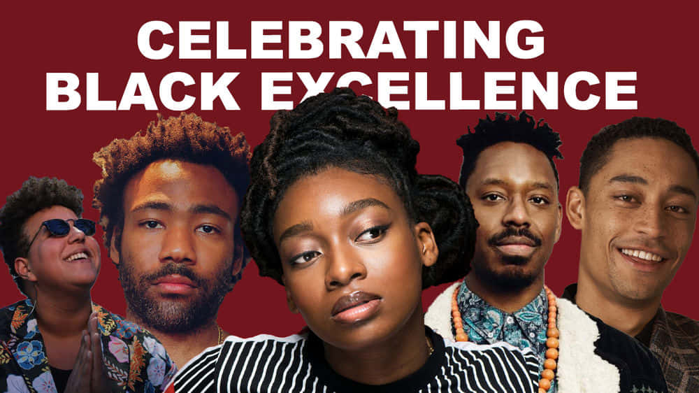 Black Excellence 桌布 壁紙 — 五位不同的黑人個體帶著自信的表情站在大膽的紅色背景前，下方的文字慶祝黑人卓越。
