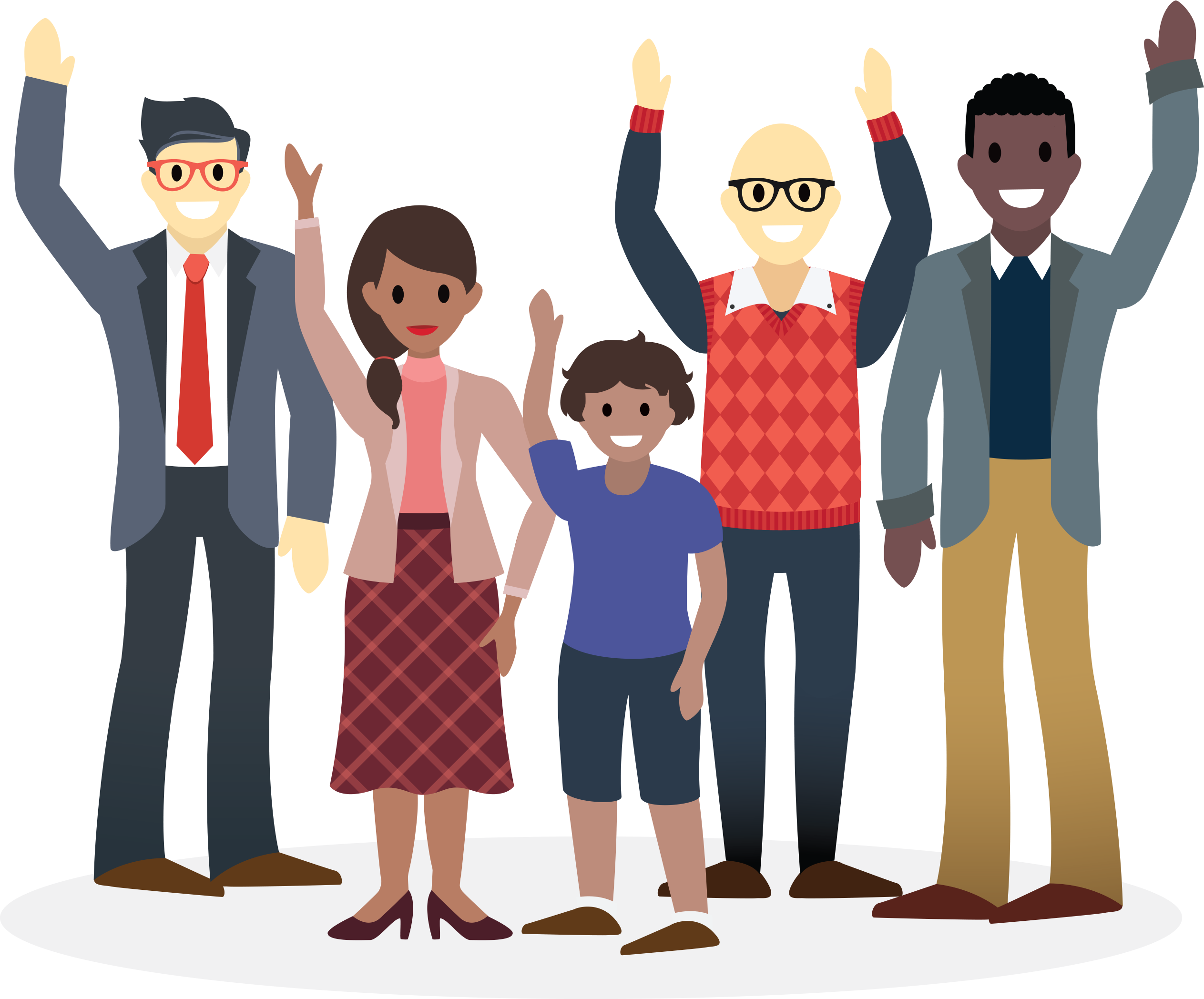waving hand 桌布 壁紙 — 五位不同背景、面帶微笑的人穿著商務休閒裝，在黑色背景前愉快地舉起雙手。