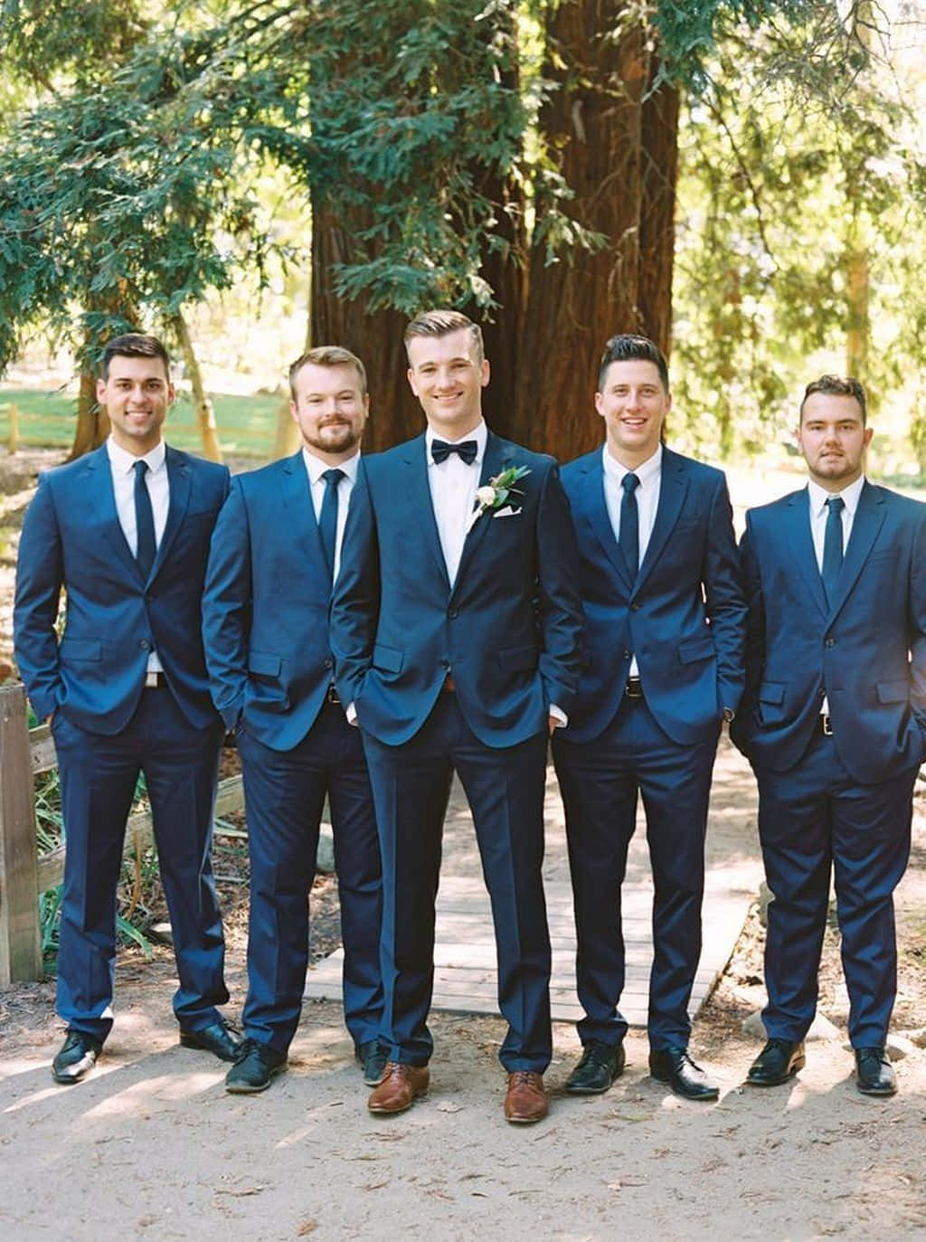 Groomsmen 桌布 壁紙 — 五位伴郎穿著相配的海軍藍西裝，在陽光明媚的花園中一棵大樹下微笑站立。
