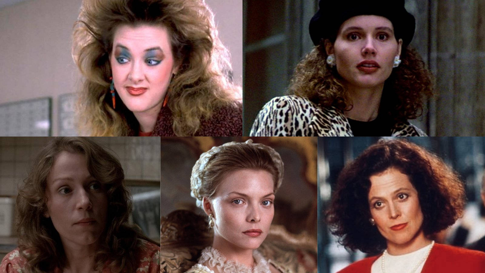 Joan Cusack 桌布 壁紙 — 五位來自1980年代電影的女性，擁有獨特髮型和富有表現力的面孔，以戲劇性特寫呈現。