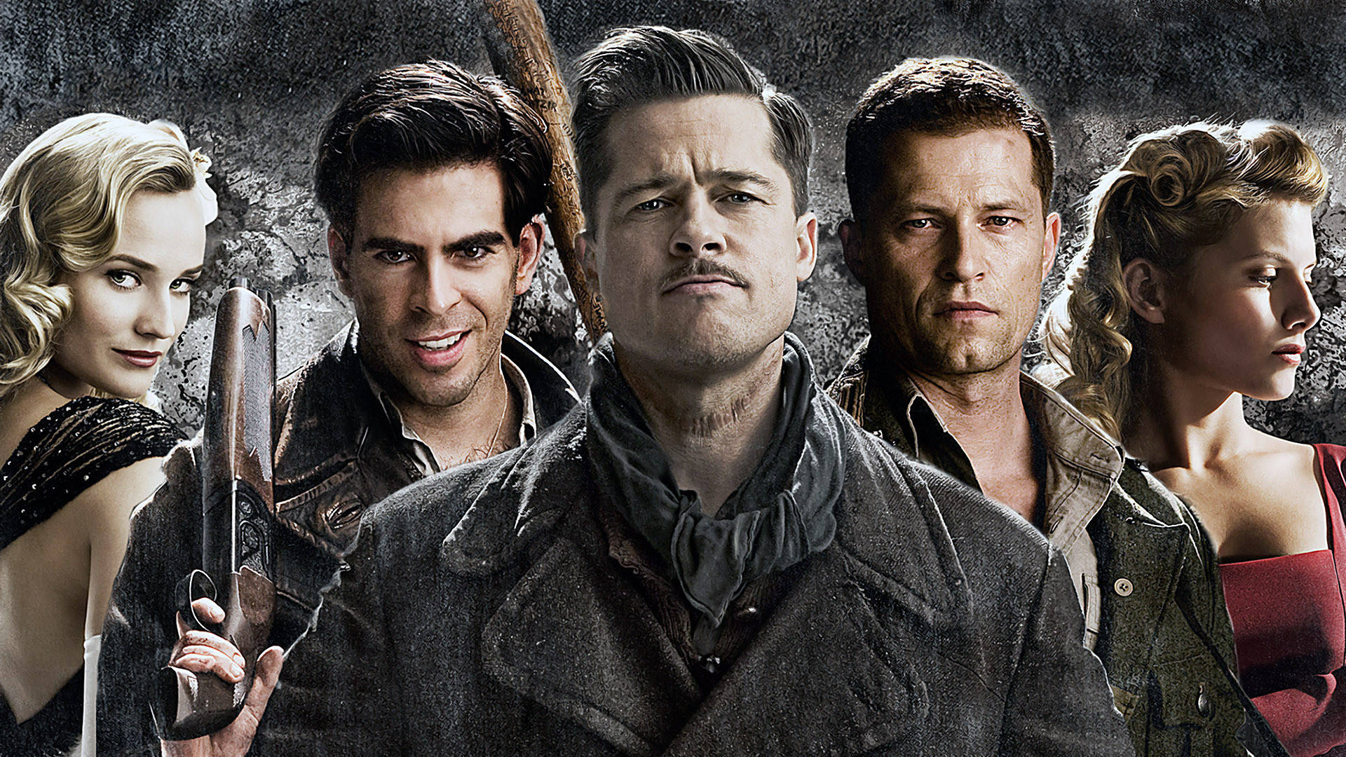 Inglourious Basterds 桌布 壁紙 — 五位充滿張力的演員身穿粗獷的時代服裝，在紋理石牆前戲劇性地擺姿勢。