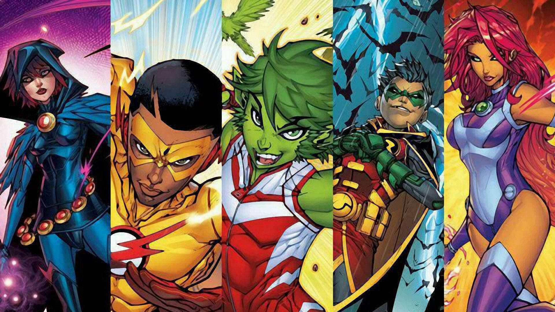 teen titans go 桌布 壁紙 — 五位充滿活力的漫畫超級英雄以動感姿態站在色彩繽紛、能量充沛的背景前。