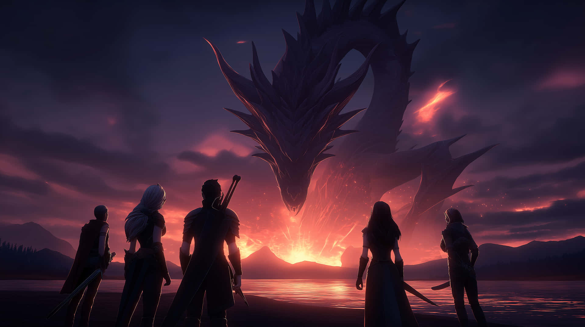Fantasy Heroes Facing Gigantic Dragon at Sunset Horizon 壁紙 — 五位冒險者以剪影站在一隻從水面上熾熱夕陽中出現的巨大龍前。