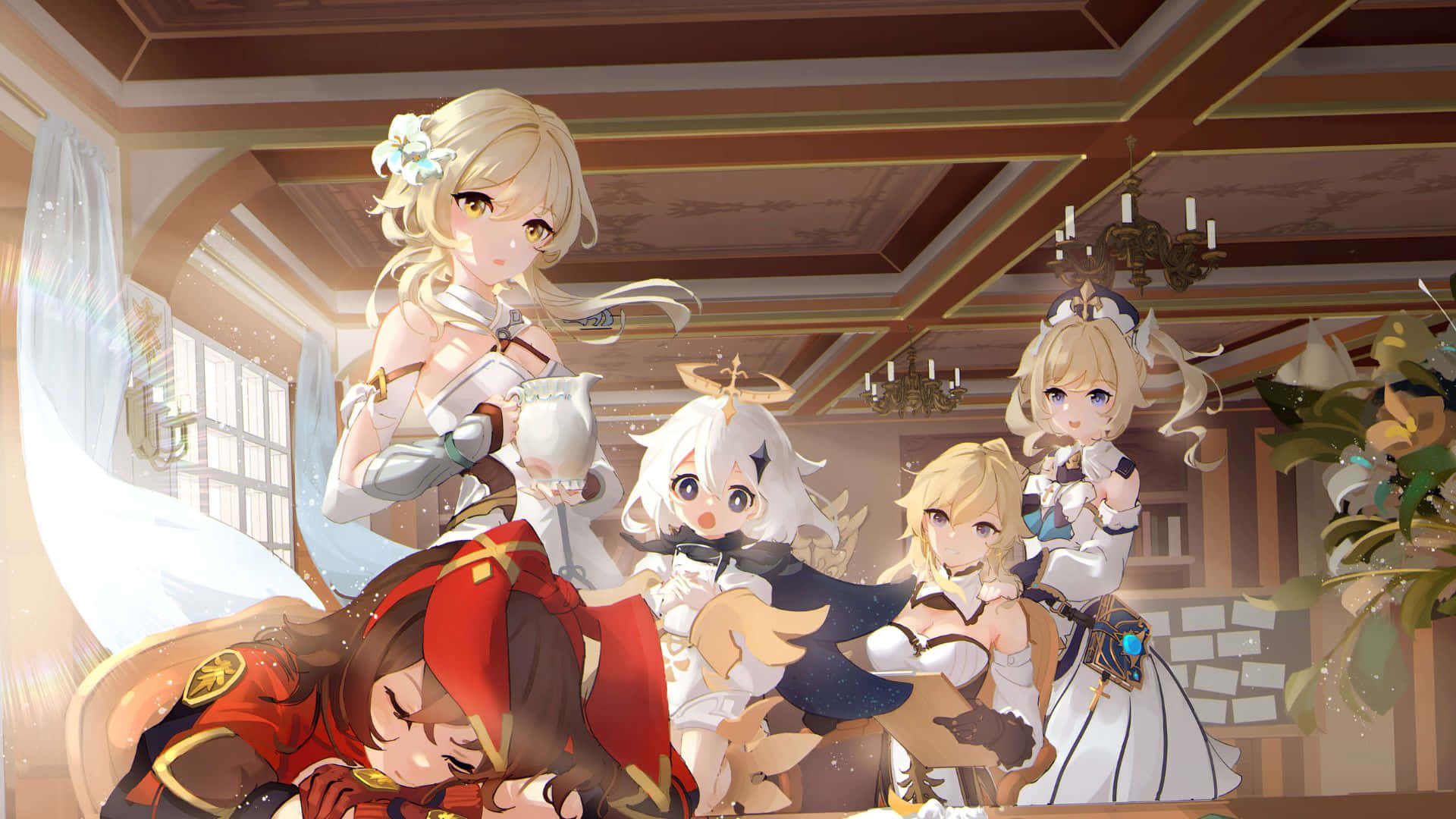 Genshin Impact Characters 桌布 壁紙 — 五位動漫女孩在一個寬敞陽光明媚的房間裡，配有吊燈和花卉裝飾。