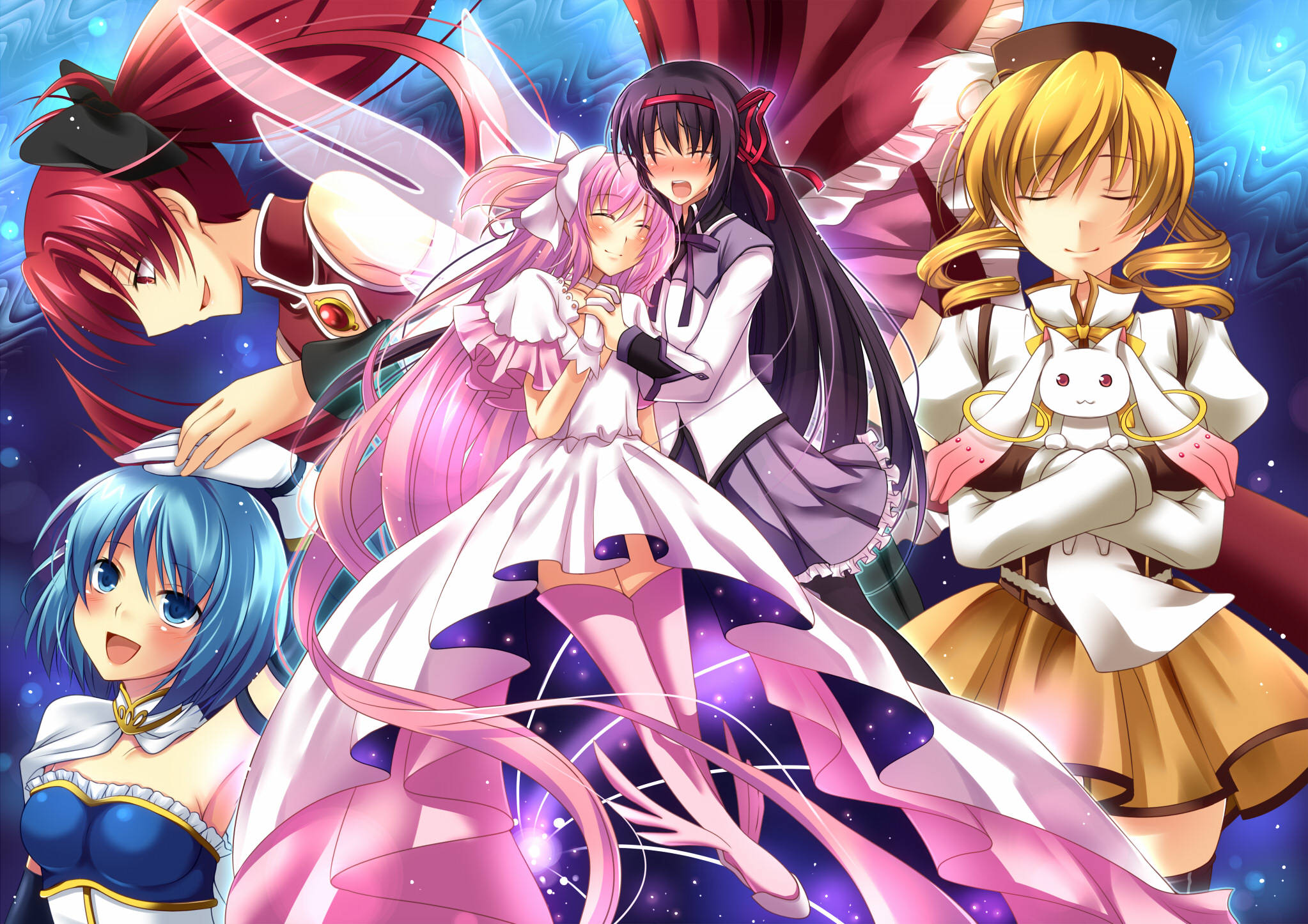 Madoka 桌布 壁紙 — 五位動漫少女穿著精緻服裝，在宇宙星空背景下擺姿勢，帶有發光能量效果。