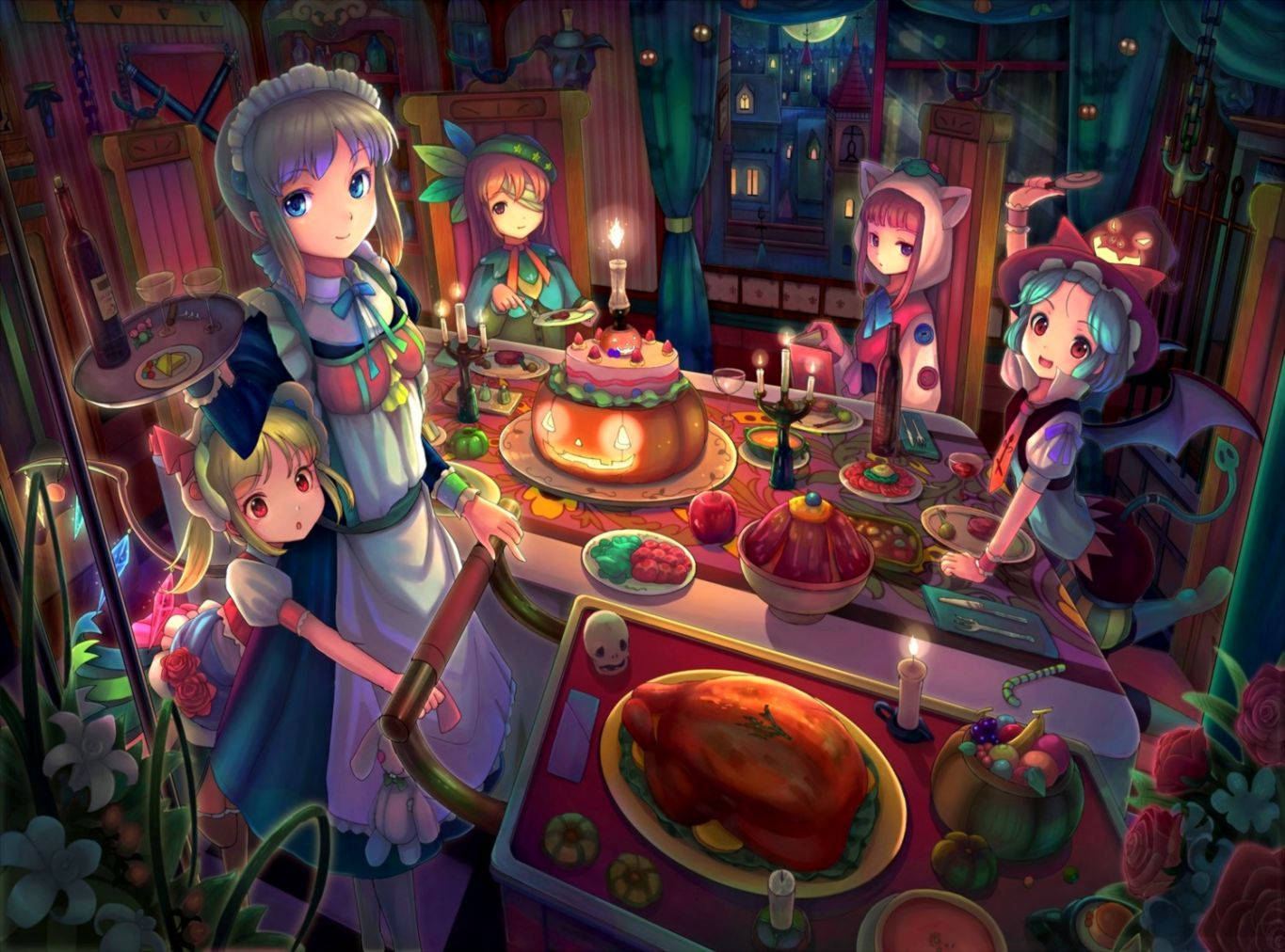 Anime Halloween 桌布 壁紙 — 五位動漫少女身穿節日服裝，圍坐在燭光餐桌旁，桌上擺滿了萬聖節美食和一個發光的南瓜蛋糕。