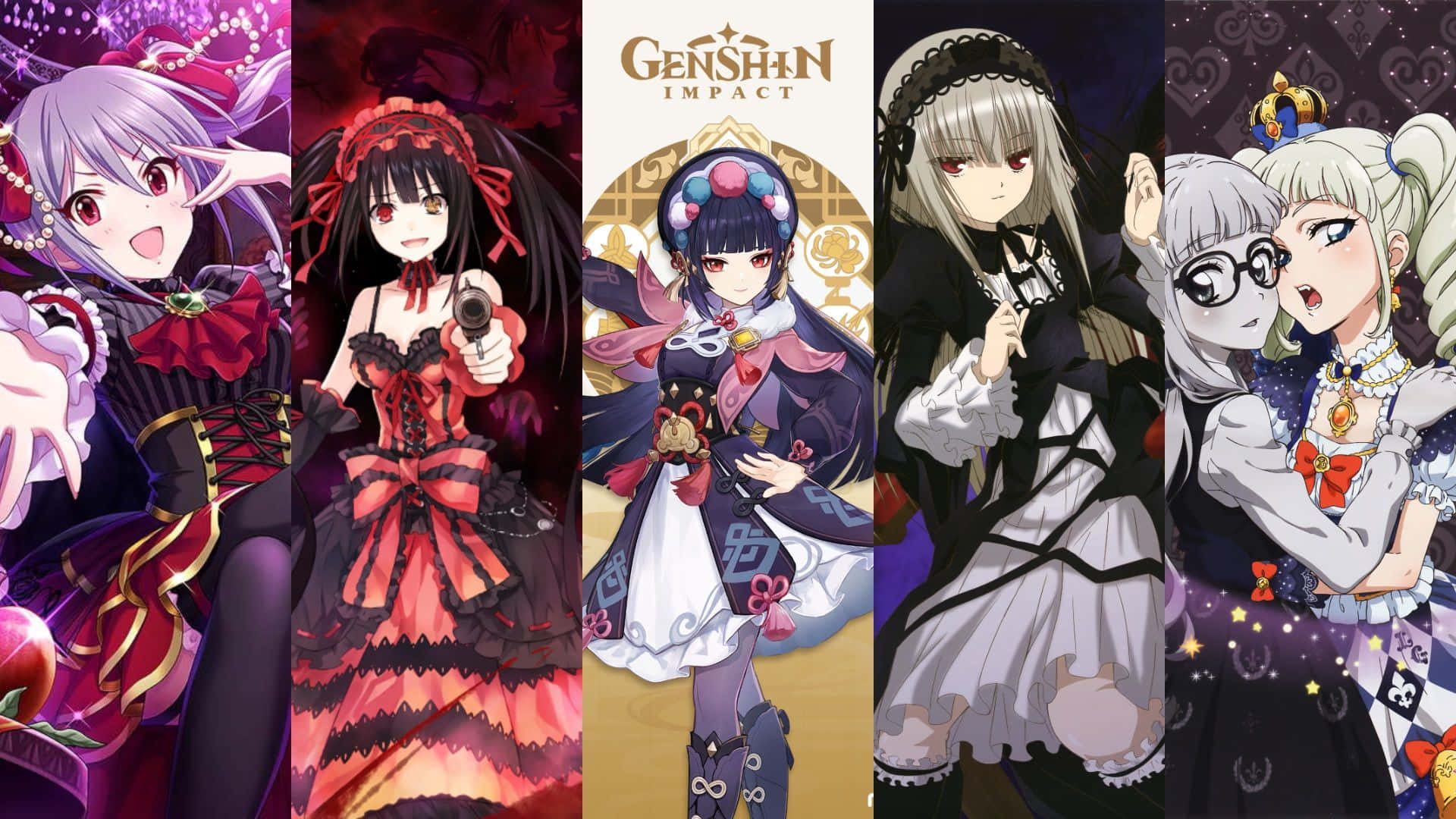Lolita Fashion 桌布 壁紙 — 五位動漫少女身著精緻哥德式與奇幻服裝，在鮮明且風格化的背景前擺出姿勢。