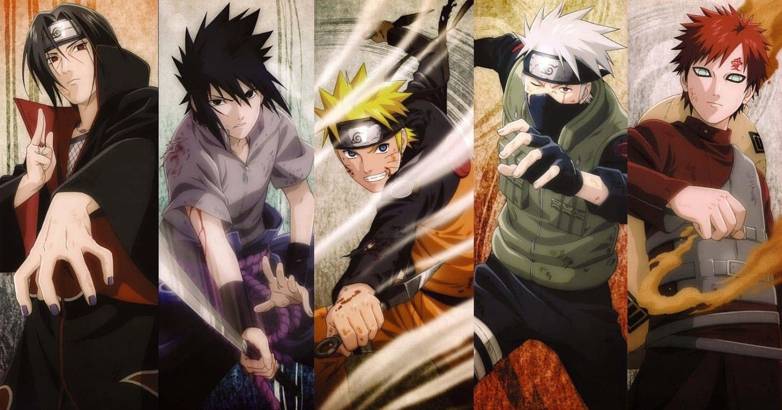 sasuke uchiha 桌布 壁紙 — 五位動漫忍者戰士以動態戰鬥姿勢呈現，帶有發光查克拉效果和強烈表情。