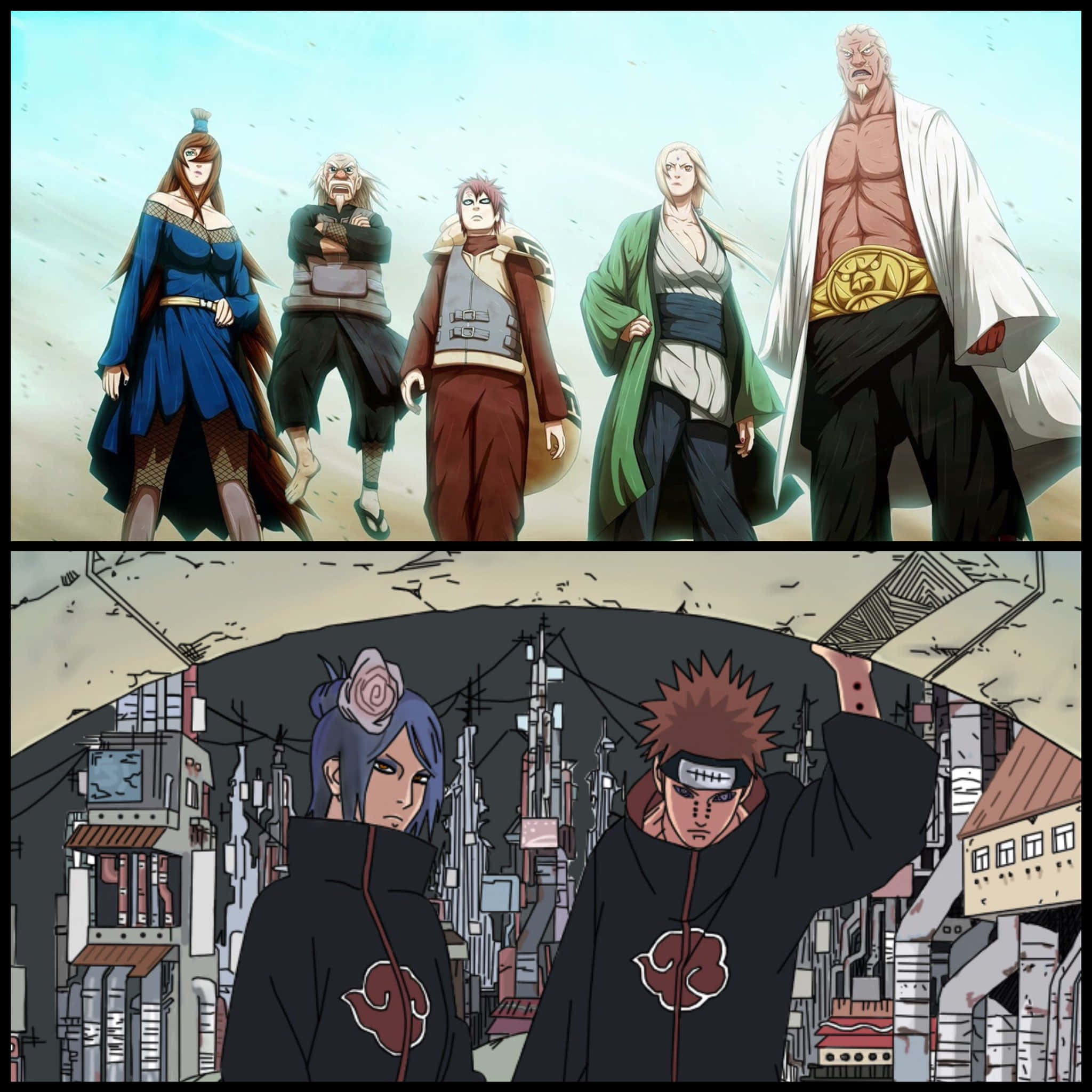 Five Kage Summit 桌布 壁紙 — 五位動漫戰士站在沙漠景觀中，城市景觀之上，有兩名穿著曉組織斗篷的忍者。
