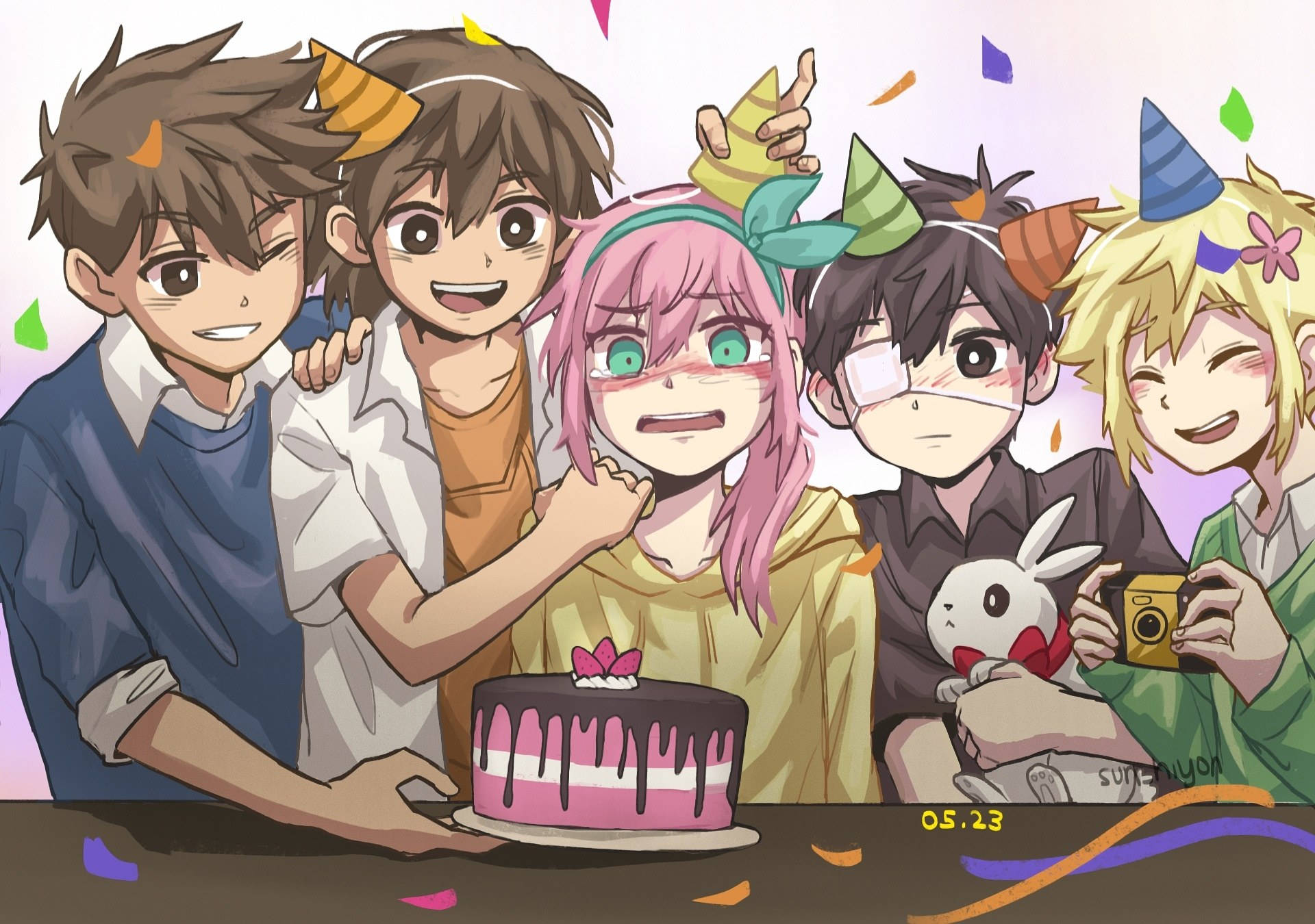 五位動漫角色用蛋糕和五彩紙屑慶祝生日。 — Omori GIF 壁紙