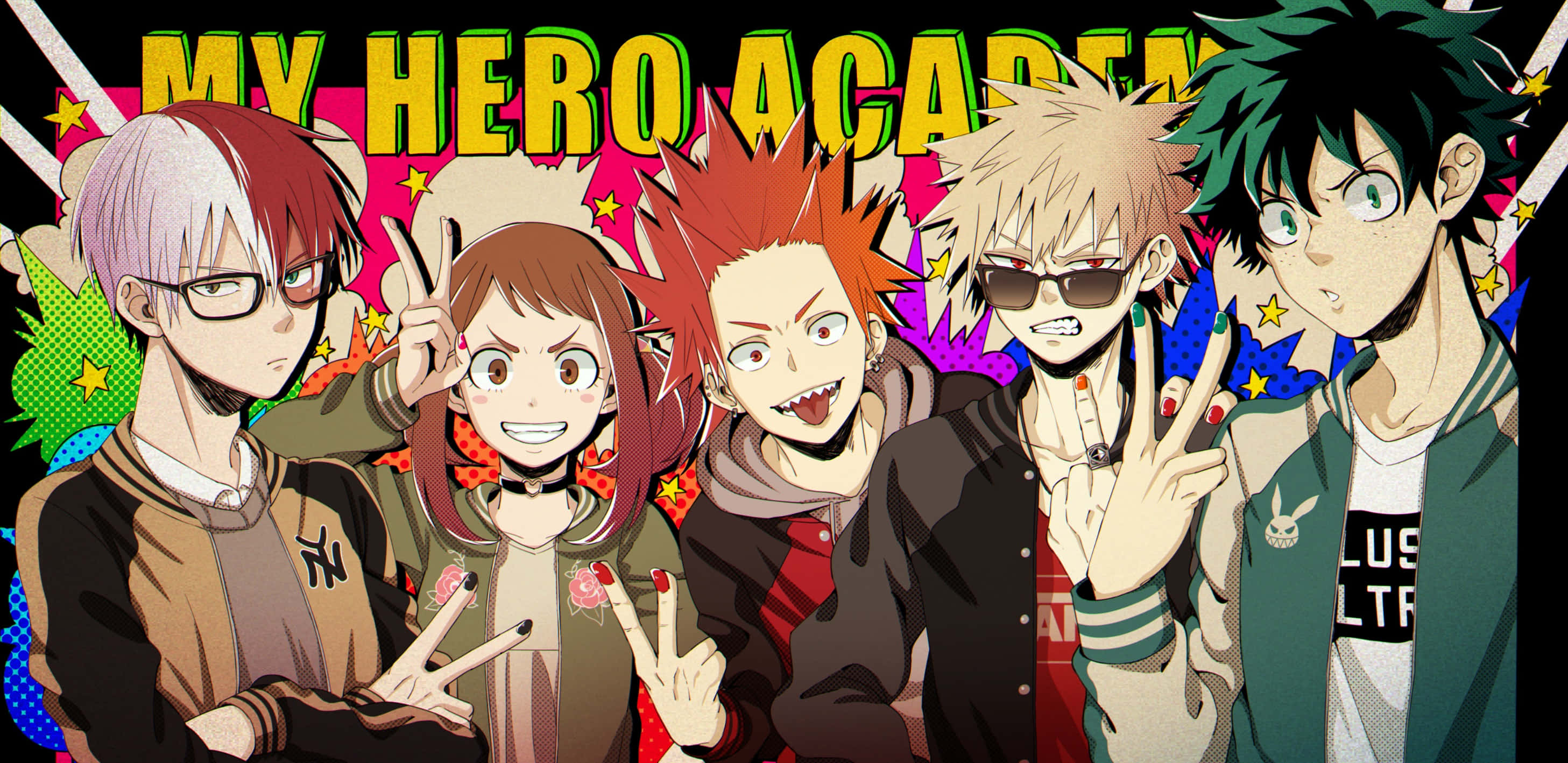 Deku And Todoroki 桌布 壁紙 — 五位動漫英雄在充滿活力的漫畫風格背景前自信地擺姿勢，背景有粗體文字和星爆效果。