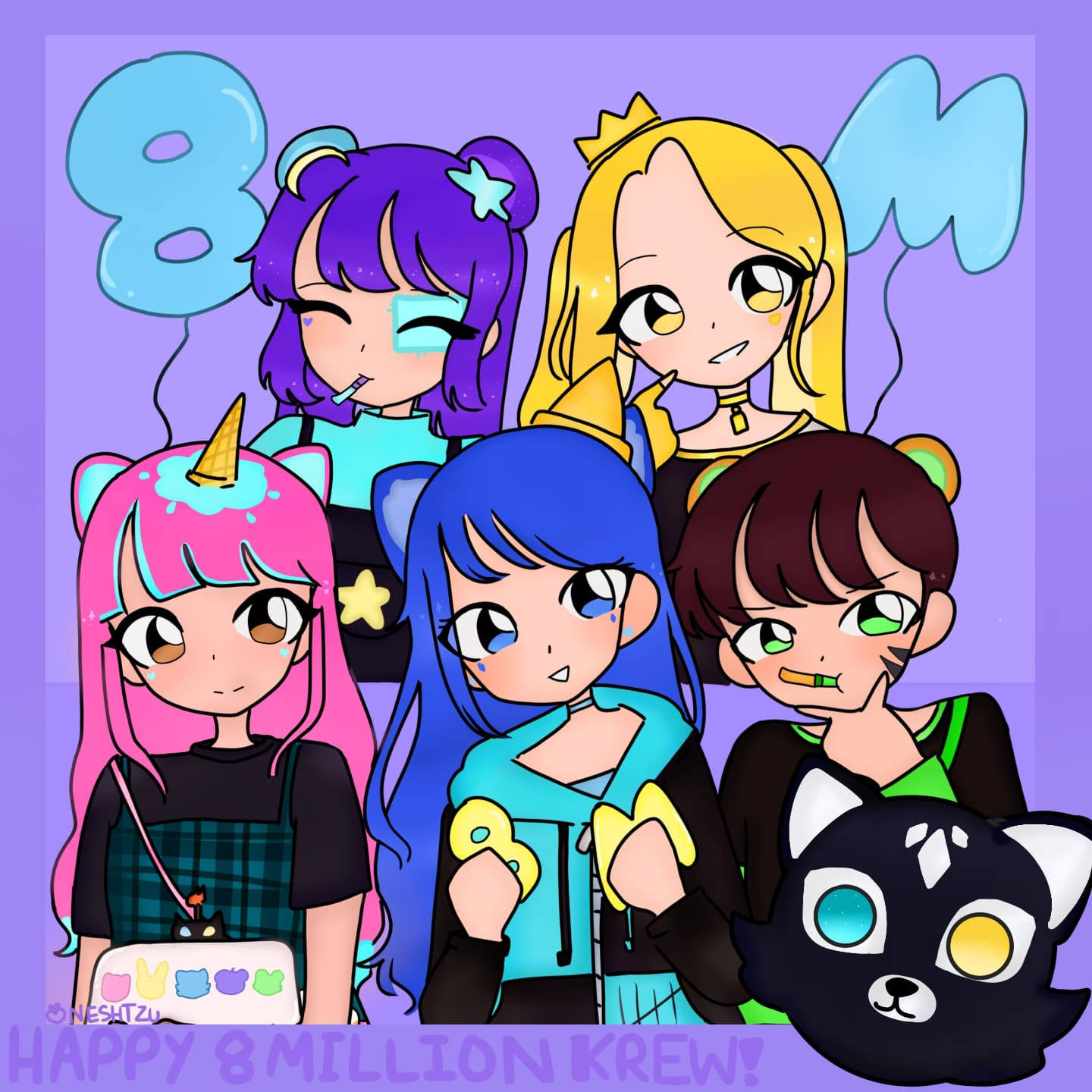 Krew 桌布 壁紙 — 五位動漫風格女孩，擁有色彩繽紛的頭髮和一隻黑色貓咪吉祥物，在紫色背景前用藍色氣球慶祝。