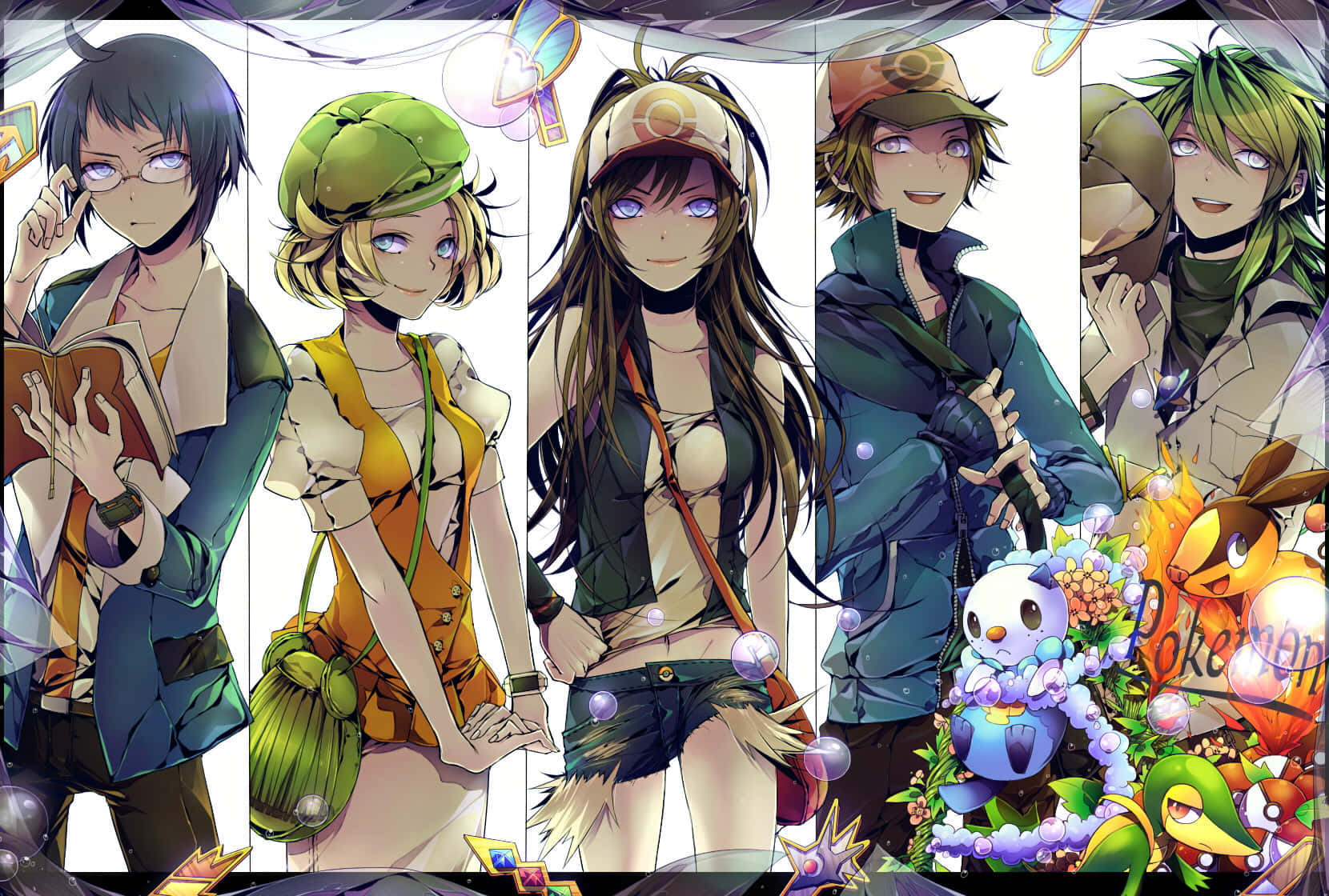 Pokemon Fan Art 桌布 壁紙 — 五位動漫風格的寶可夢訓練家與他們的寶可夢一起站在充滿活力、色彩繽紛的插圖中，帶有發光泡泡和裝飾元素。