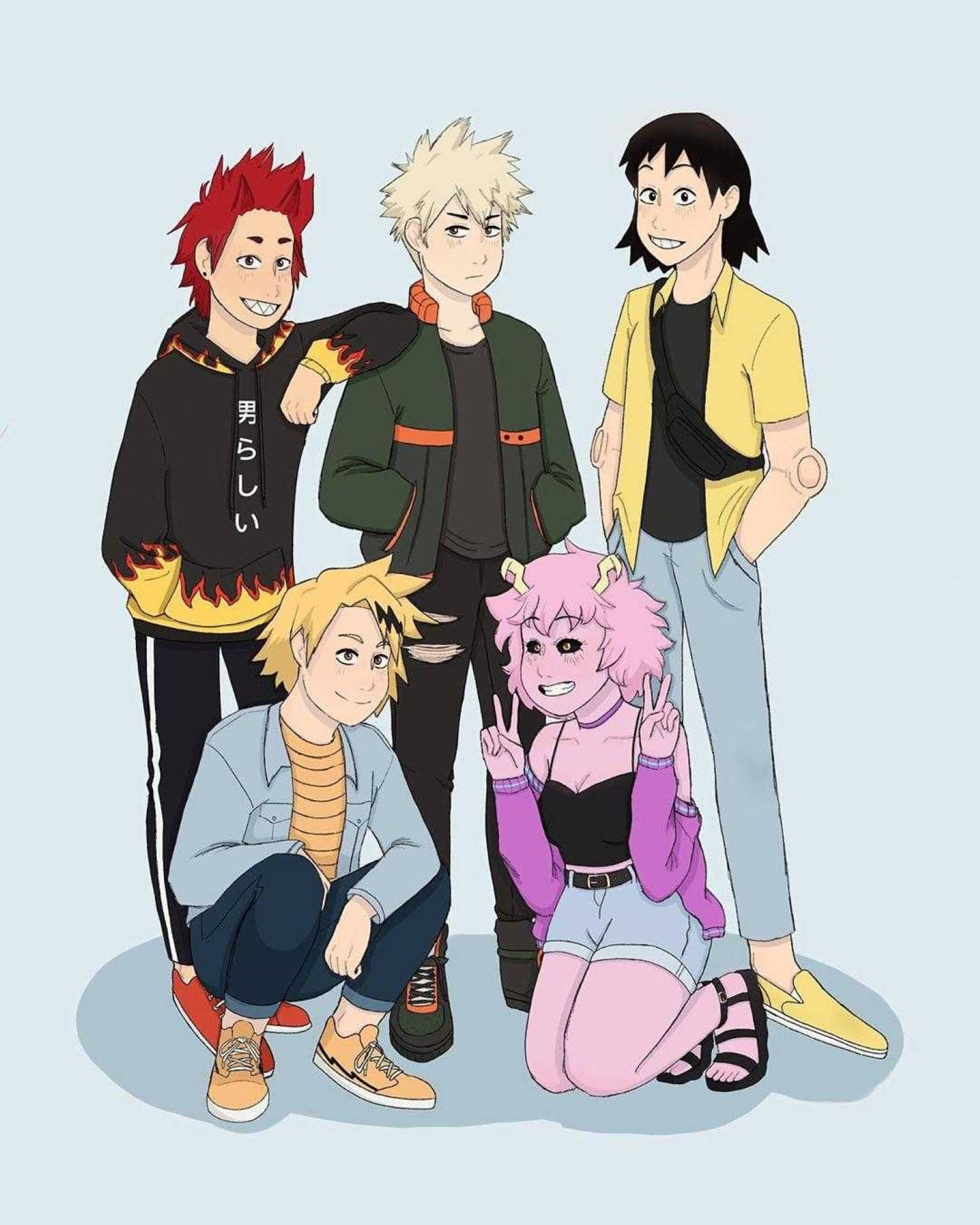 Bakusquad 桌布 壁紙 — 五位動漫風格的朋友在純淺藍色背景前愉快地擺姿勢，展現鮮豔的髮色和休閒服裝。