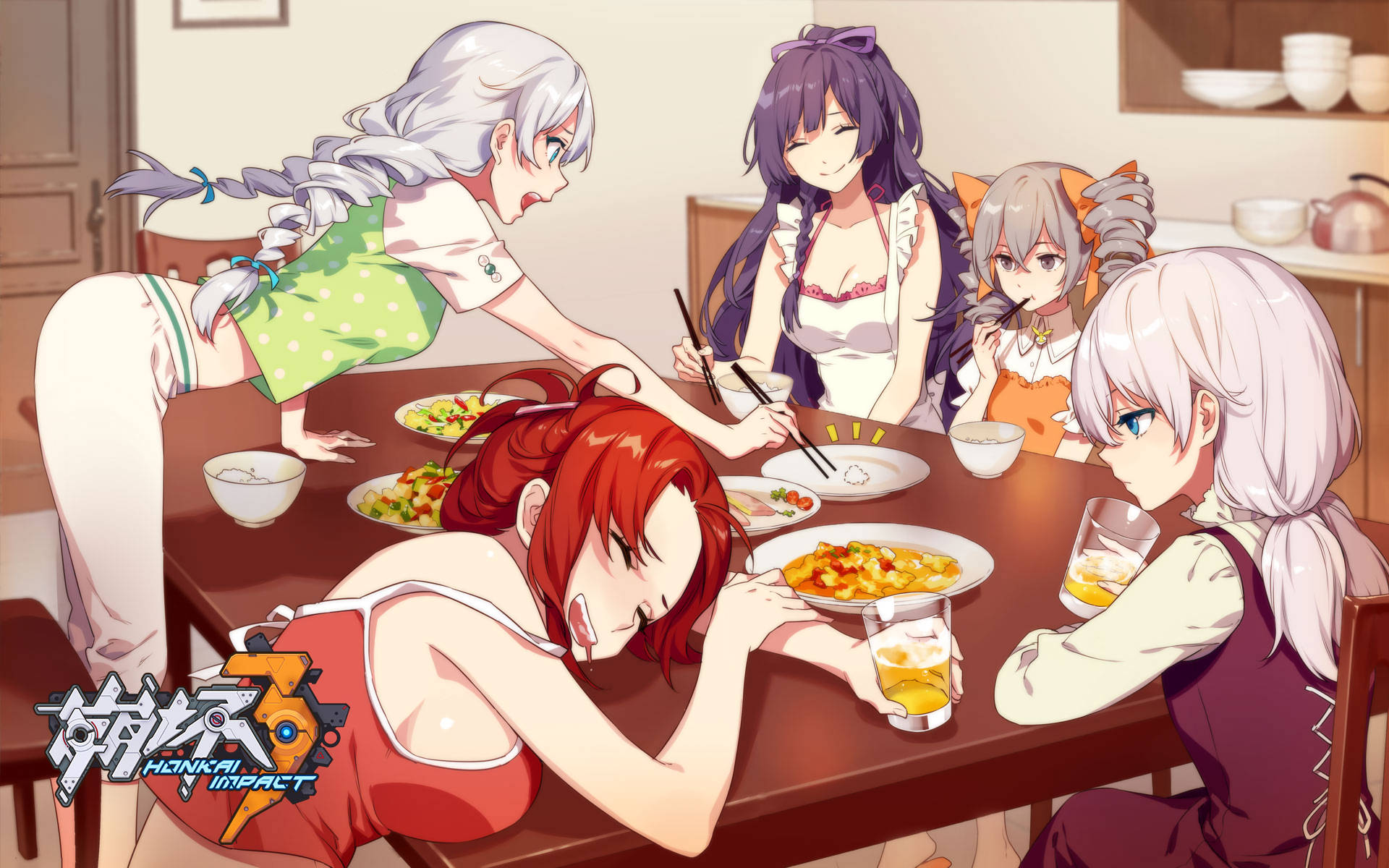 五位動畫女孩在餐桌旁一起享用美食。