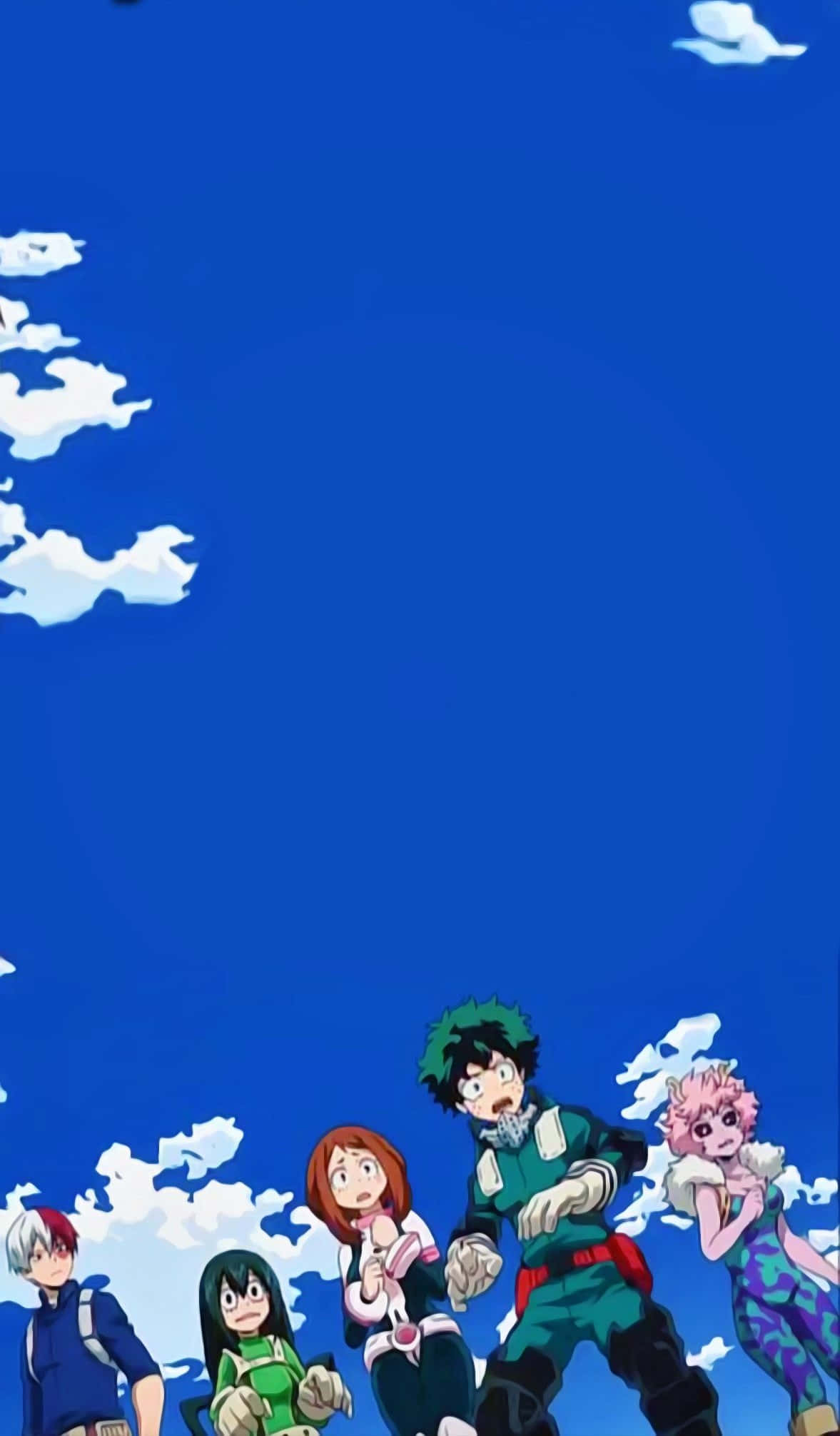 My Hero Academia Aesthetic 桌布 壁紙 — 五位動畫英雄以動態姿勢，襯托著生動的藍天和蓬鬆的白雲。