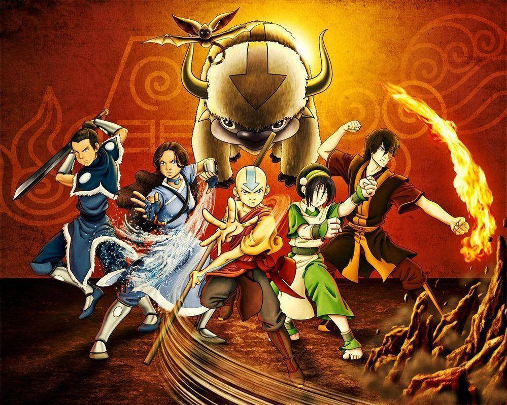 Airbender 桌布 壁紙 — 五位動畫英雄擺出元素戰鬥姿勢，身後有一隻巨大的牛靈，背景是火熱的橙色。