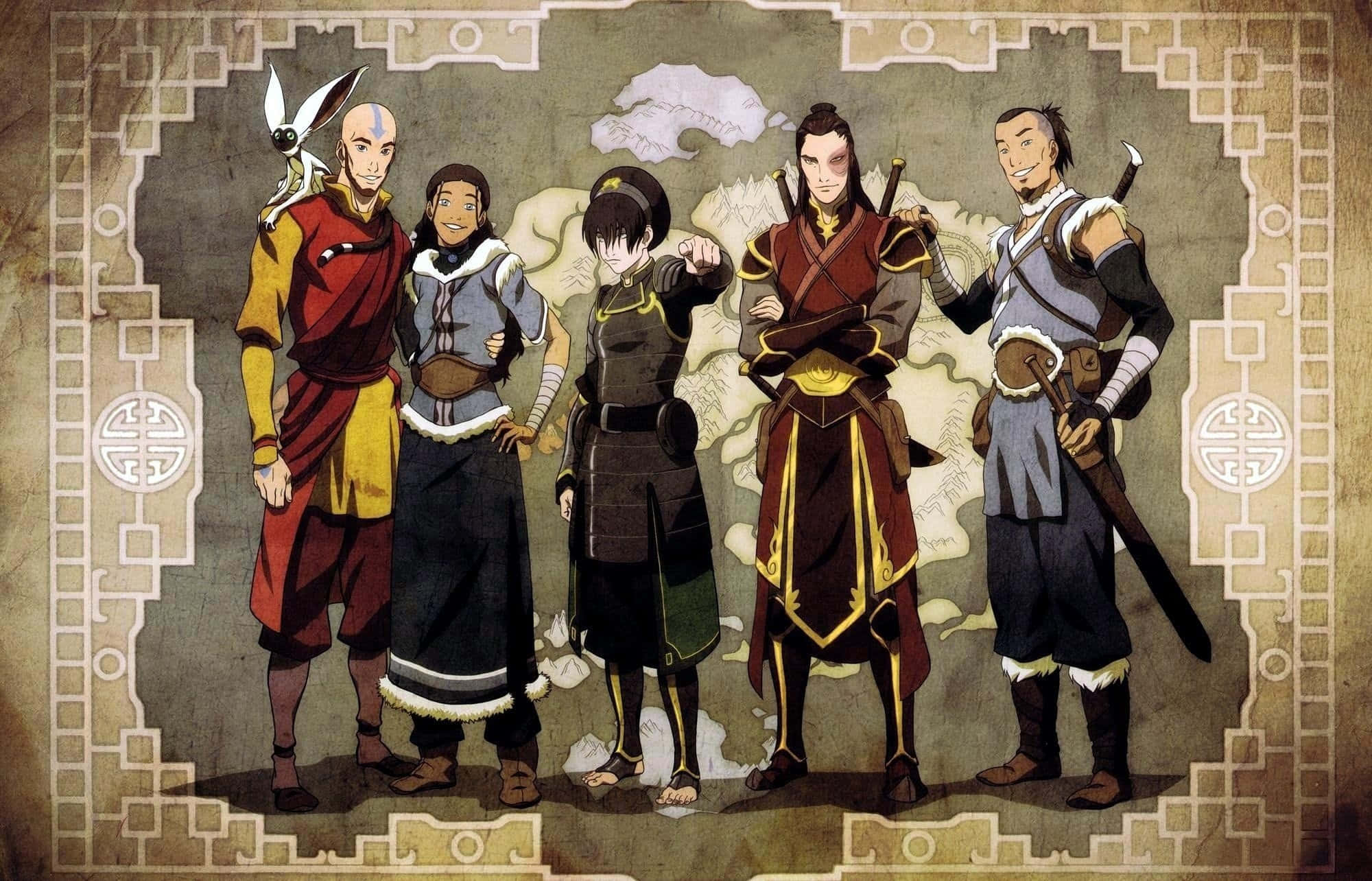 祖寇 桌布 壁紙 — 五位動畫英雄穿著傳統服飾，自信地站在一幅由華麗邊框框住的古老地圖前。