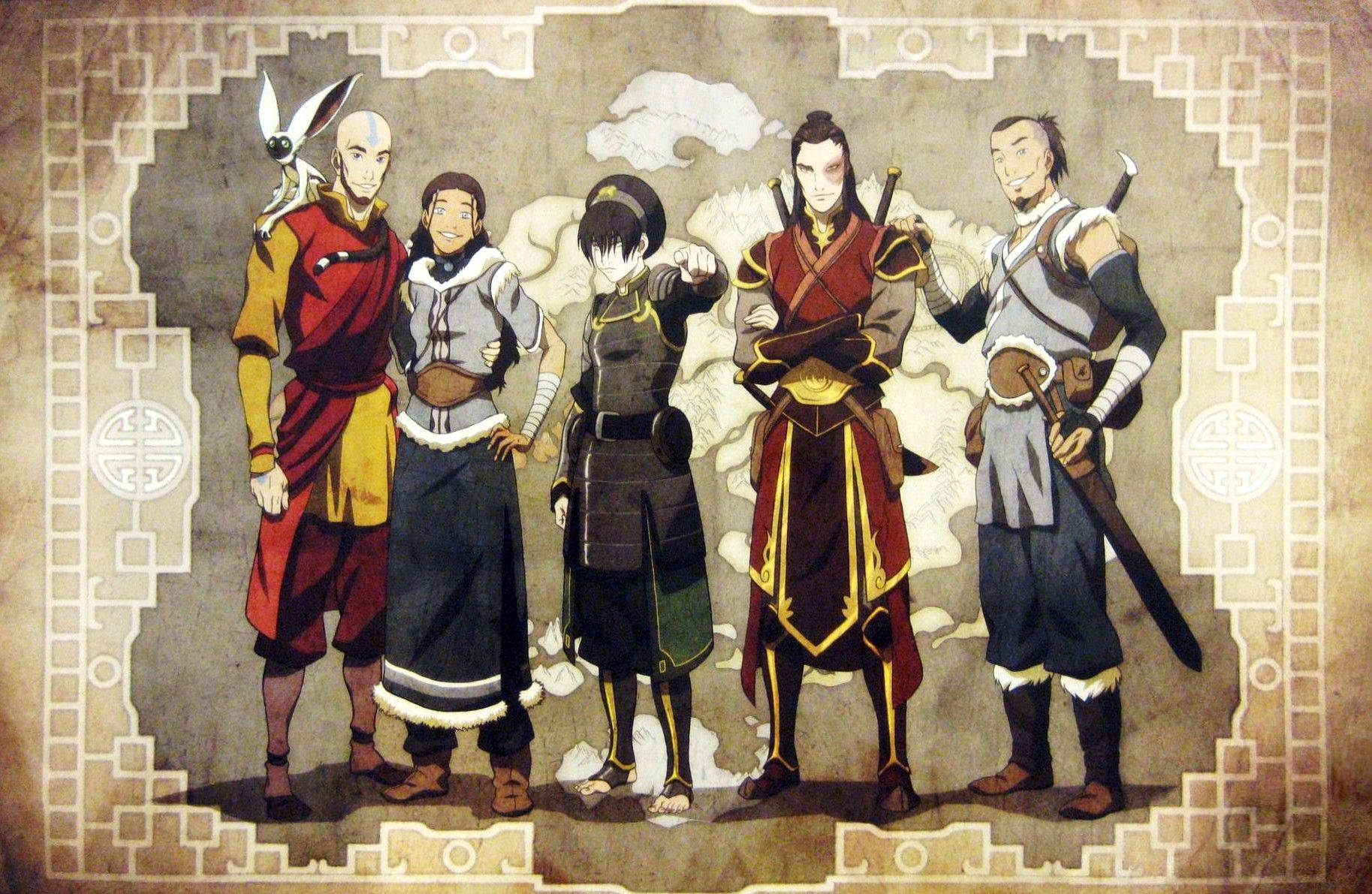 Airbender 桌布 壁紙 — 五位動畫英雄穿著傳統服飾，自信地站在風格化的雲朵背景前，背景由華麗的幾何邊框框住。