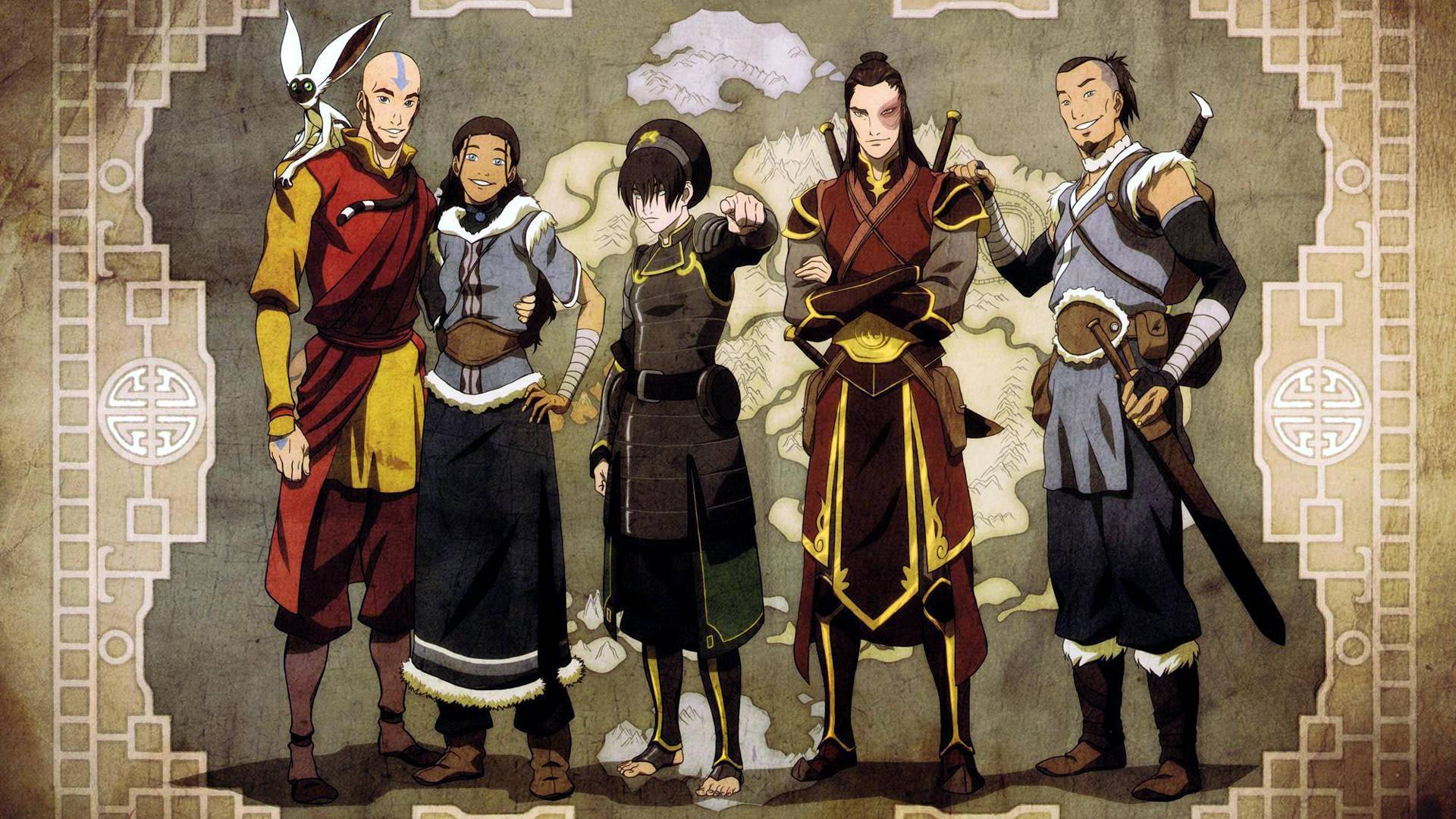 Korra 桌布 壁紙 — 五位動畫英雄穿著傳統的土、氣、火、水、靈御術服裝，自信地站在地圖前。