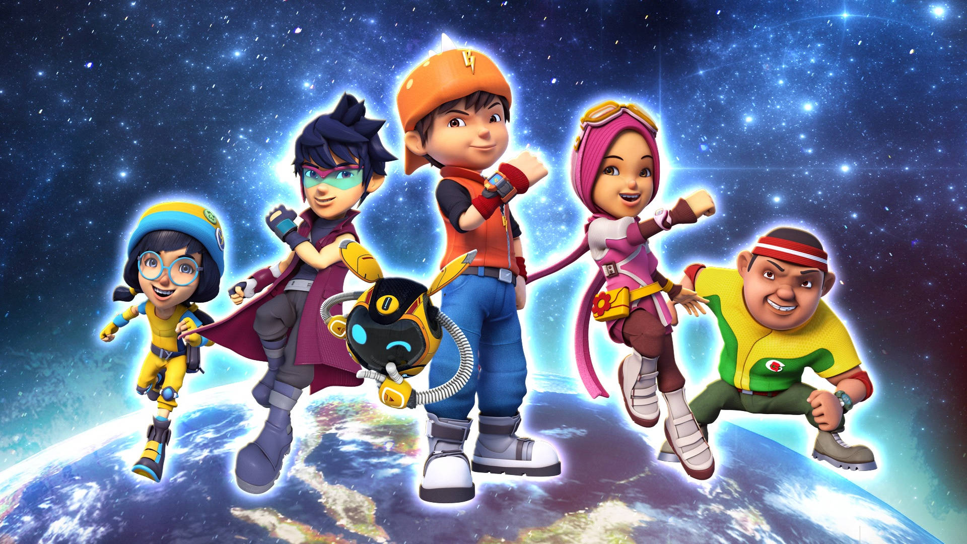 Cartoon Characters 桌布 壁紙 — 五位動畫英雄身穿色彩繽紛的裝備，在閃爍的星空中英勇地擺出姿勢，位於地球之上。