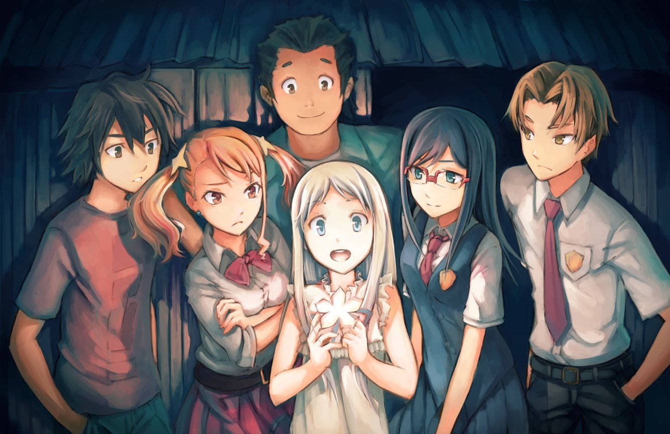 Anohana 桌布 壁紙 — 五位動畫青少年在昏暗的房間裡緊密聚集，中間一位女孩手持發光的花朵。