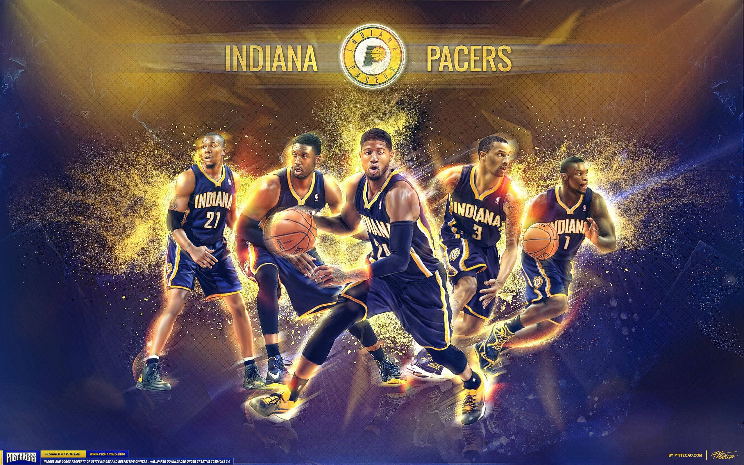 Pacers 桌布 壁紙 — 五位印第安納溜馬籃球運動員在黑暗宇宙背景下以動態姿勢展現發光的金色能量爆發。