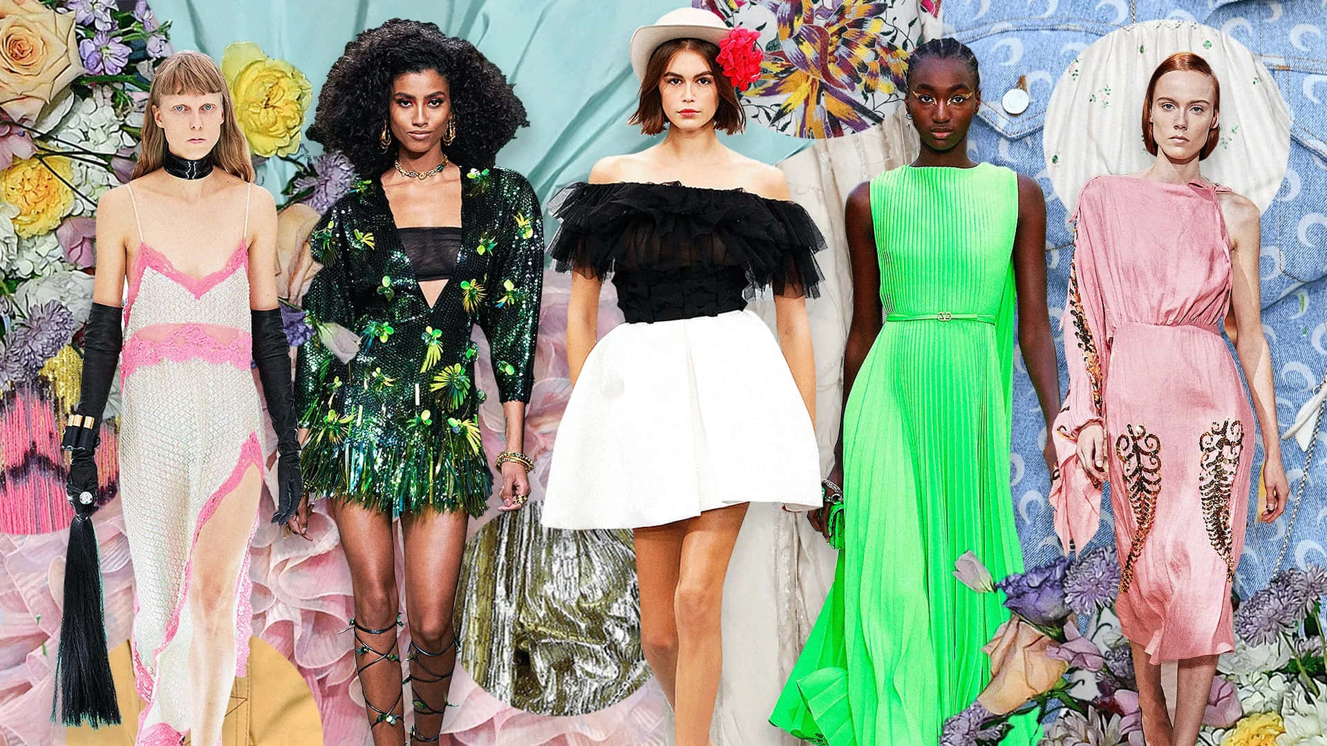 Spring Fashion 桌布 壁紙 — 五位多元化的模特兒在茂盛的花卉背景和褶皺紋理前，以大膽多彩的時尚姿態擺姿勢。
