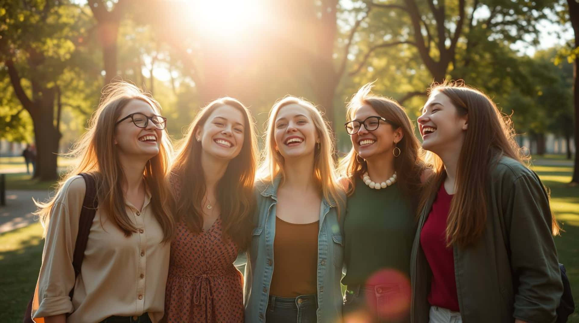 Joyful friends laughing together outdoors in warm sunlight, celebrating friendship and happy moments 壁紙 — 五位大笑的年輕女性在陽光明媚的公園中緊密地站在一起，身後有金色的光芒閃耀。