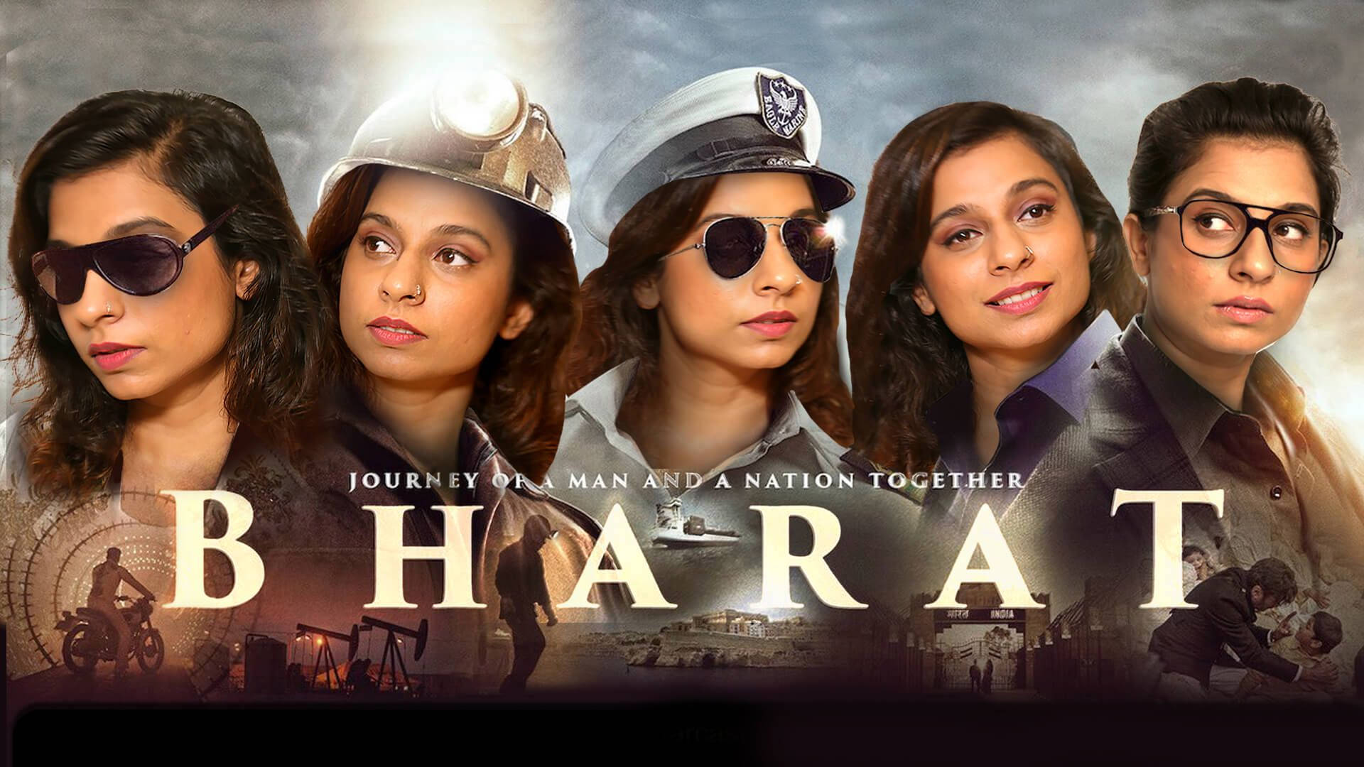 bharat 桌布 壁紙 — 五位女性扮演不同角色，站在戲劇性的天空下，標題為「Bharat」，下方有國家象徵的場景。