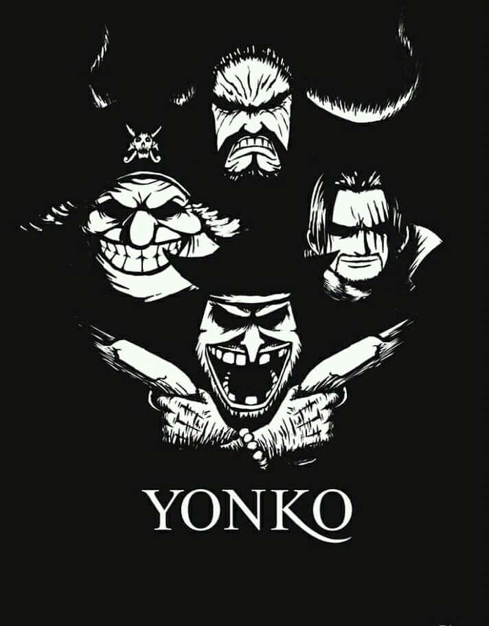 Yonko 桌布 壁紙 — 五位帶有誇張表情和角的威嚇性動畫海盜領主，在純黑背景下散發力量。
