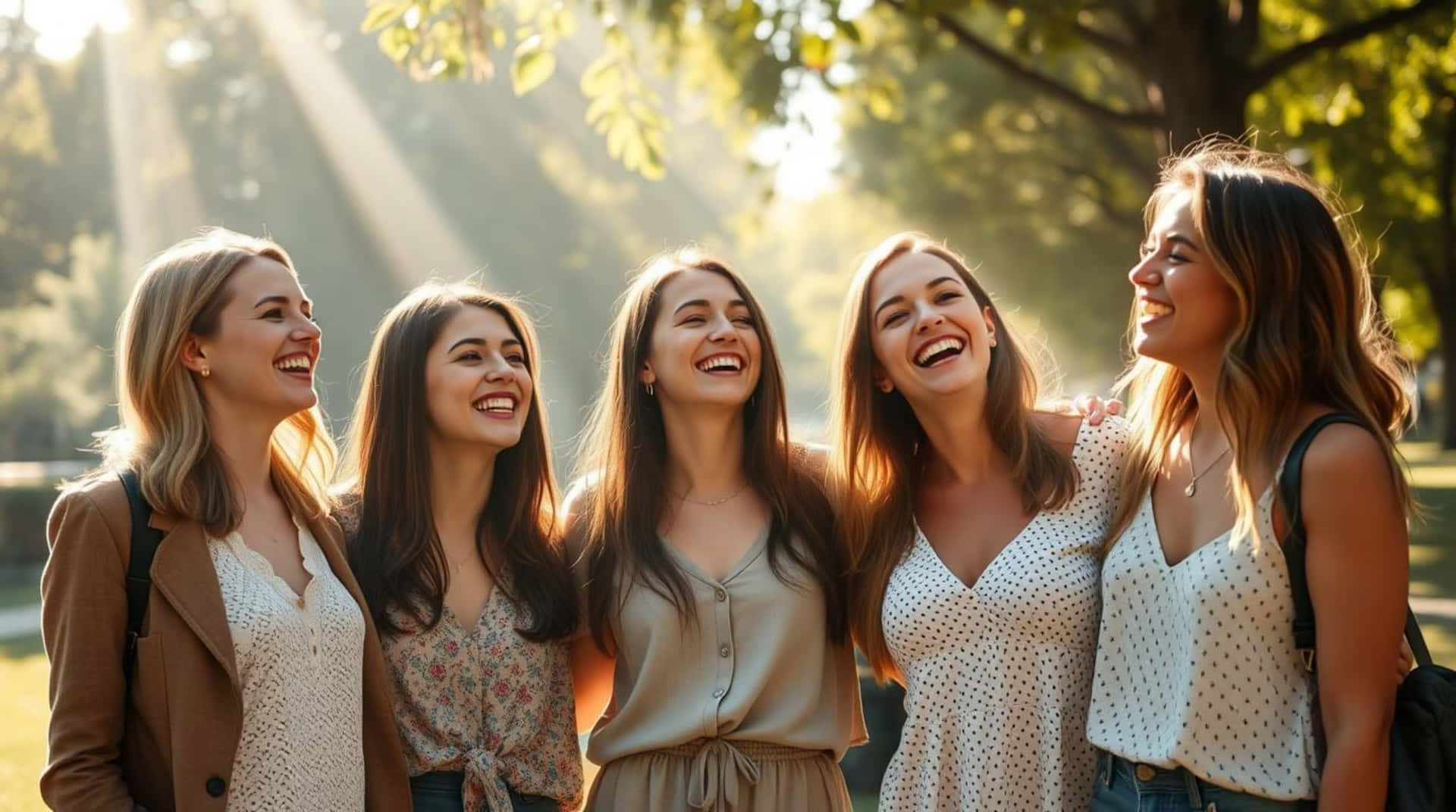 Five joyful young women laughing together outdoors bathed in warm golden sunlight 壁紙 — 五位年輕女性在陽光普照的公園裡一起大笑，金色光線穿過她們身後的樹木。