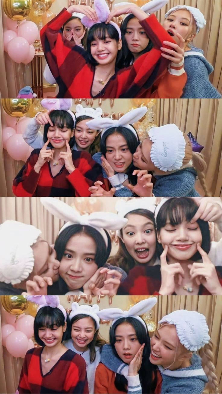 五位朋友戴上兔耳，在派對上與氣球俏皮擺姿勢。 — BLACKPINK Lisa GIF 壁紙