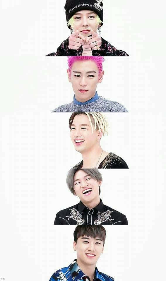 big bang 桌布 壁紙 — 五位年輕男性，擁有色彩繽紛的頭髮和時尚服裝，垂直堆疊在純白色背景前。