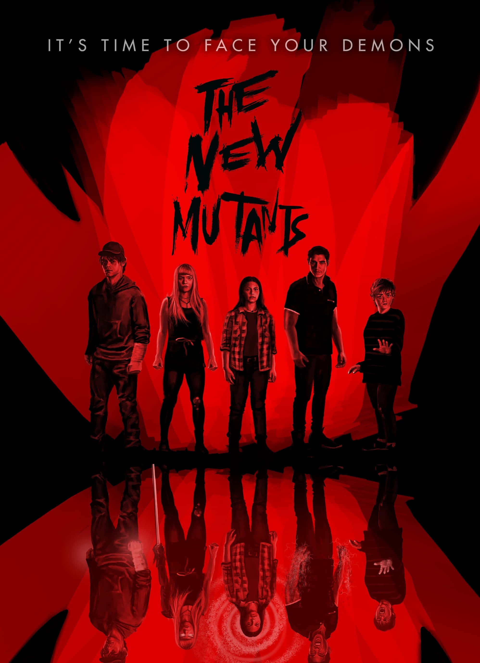 Mutants 桌布 壁紙 — 五位年輕變種人站在血紅色、反射的虛空中，標題為《The New Mutants》，標語為 It's Time to Face Your Demons。
