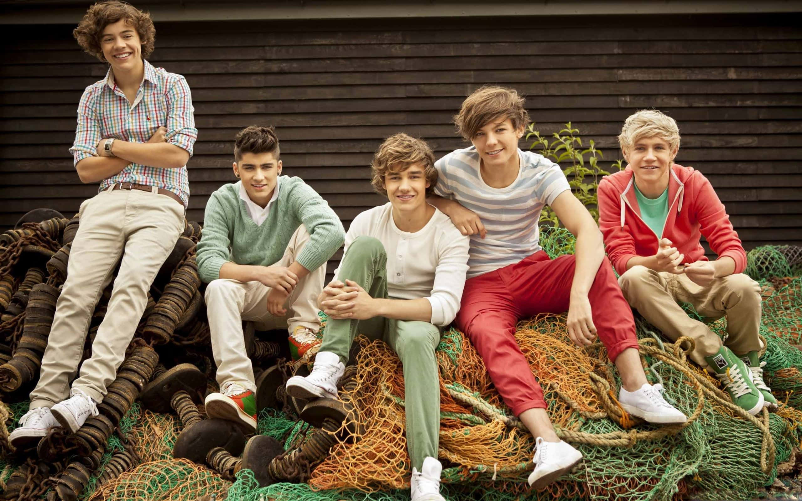One Direction 桌布 壁紙 — 五位微笑的年輕男性在深色木牆前，隨意地坐在色彩繽紛的漁網上擺姿勢。