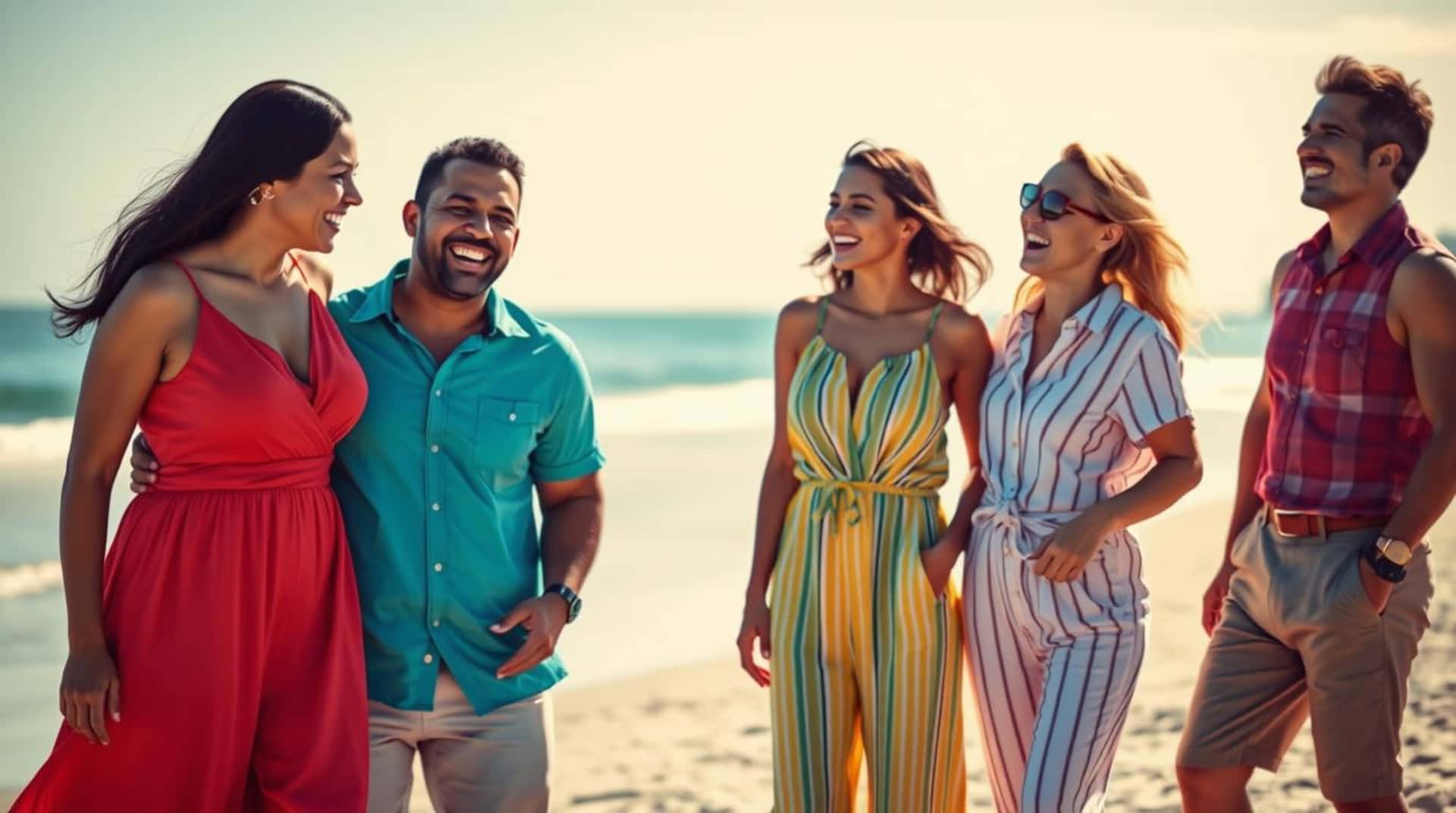 Joyful friends laughing and walking together on a sunny beach, embracing summer vacation vibes. 壁紙 — 五位微笑的朋友穿著色彩繽紛的夏季服裝，沿著陽光明媚的海灘漫步，身後是海浪。