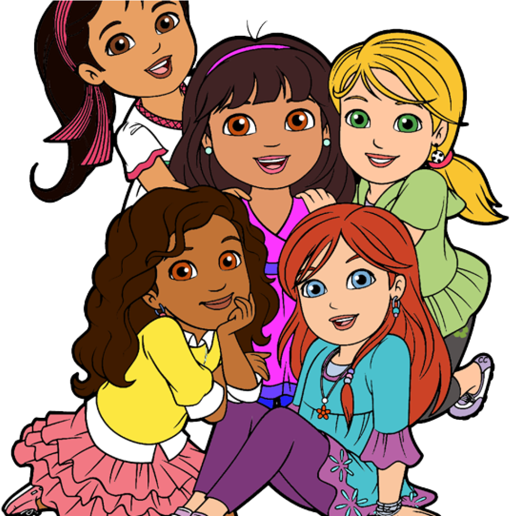 Friends 桌布 壁紙 — 五位擁有不同髮色和服裝的快樂卡通女孩在黑色背景前一起擺姿勢。