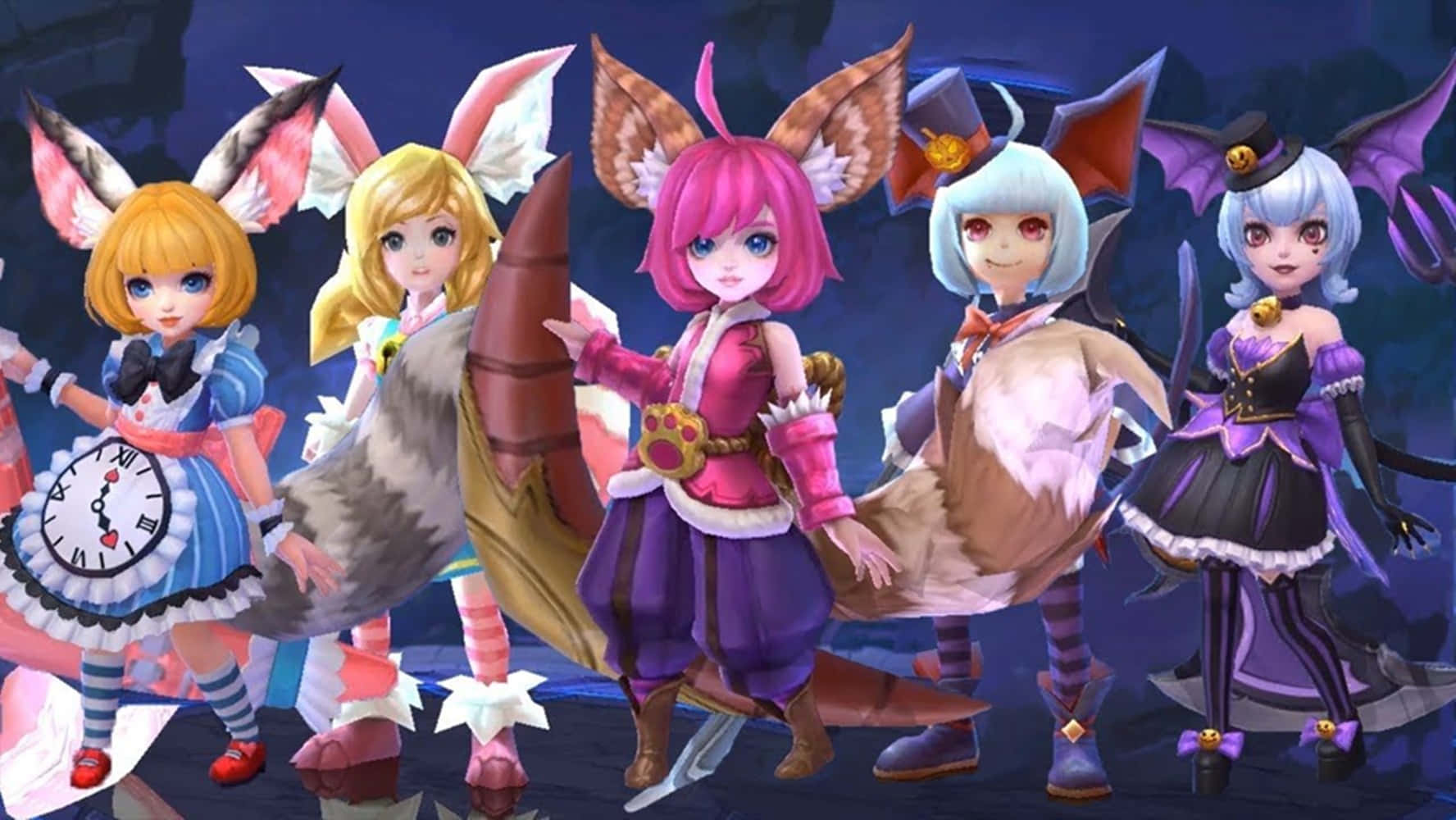 Mobile Legends 動態圖 桌布 壁紙 — 五位擁有動物耳朵和奇特服裝的動漫風格奇幻少女，一同站在黑暗的魔法場景中。