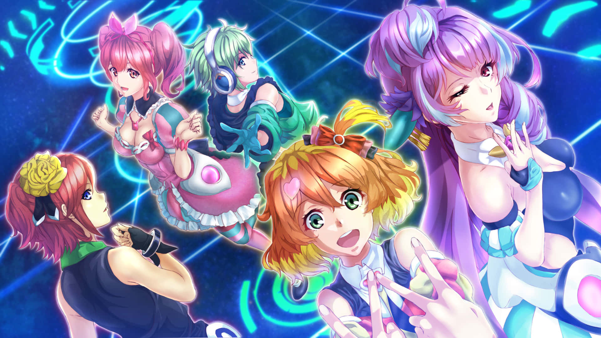 Macross Delta 桌布 壁紙 — 五位擁有彩色頭髮的動漫女孩在發光的藍色霓虹網格背景前動態擺姿勢。