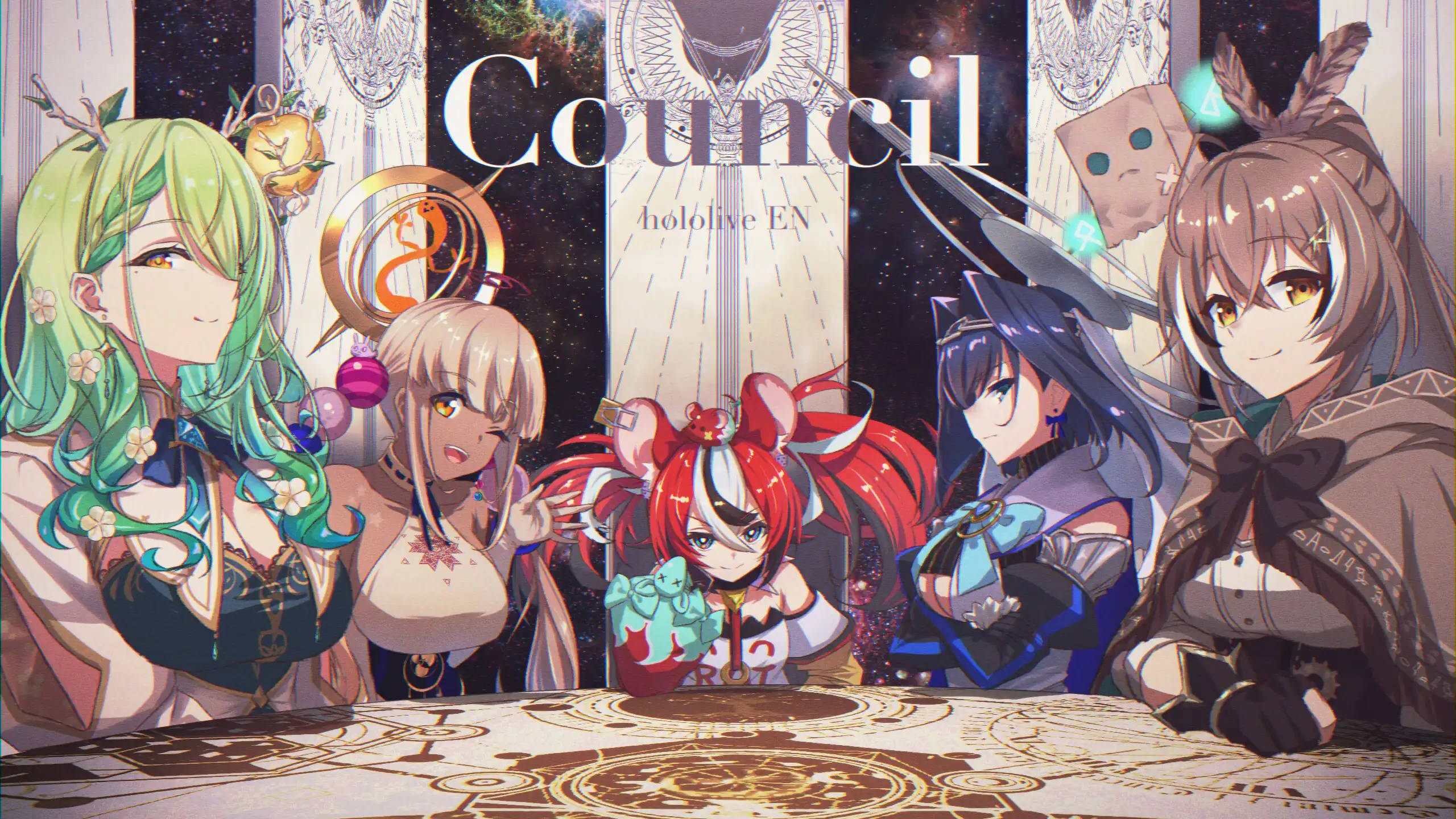 poster 桌布 壁紙 — 五位擁有彩色頭髮的動漫女孩坐在一個名為 'Council' 的宇宙主題房間內，圍繞著一張神秘的桌子。